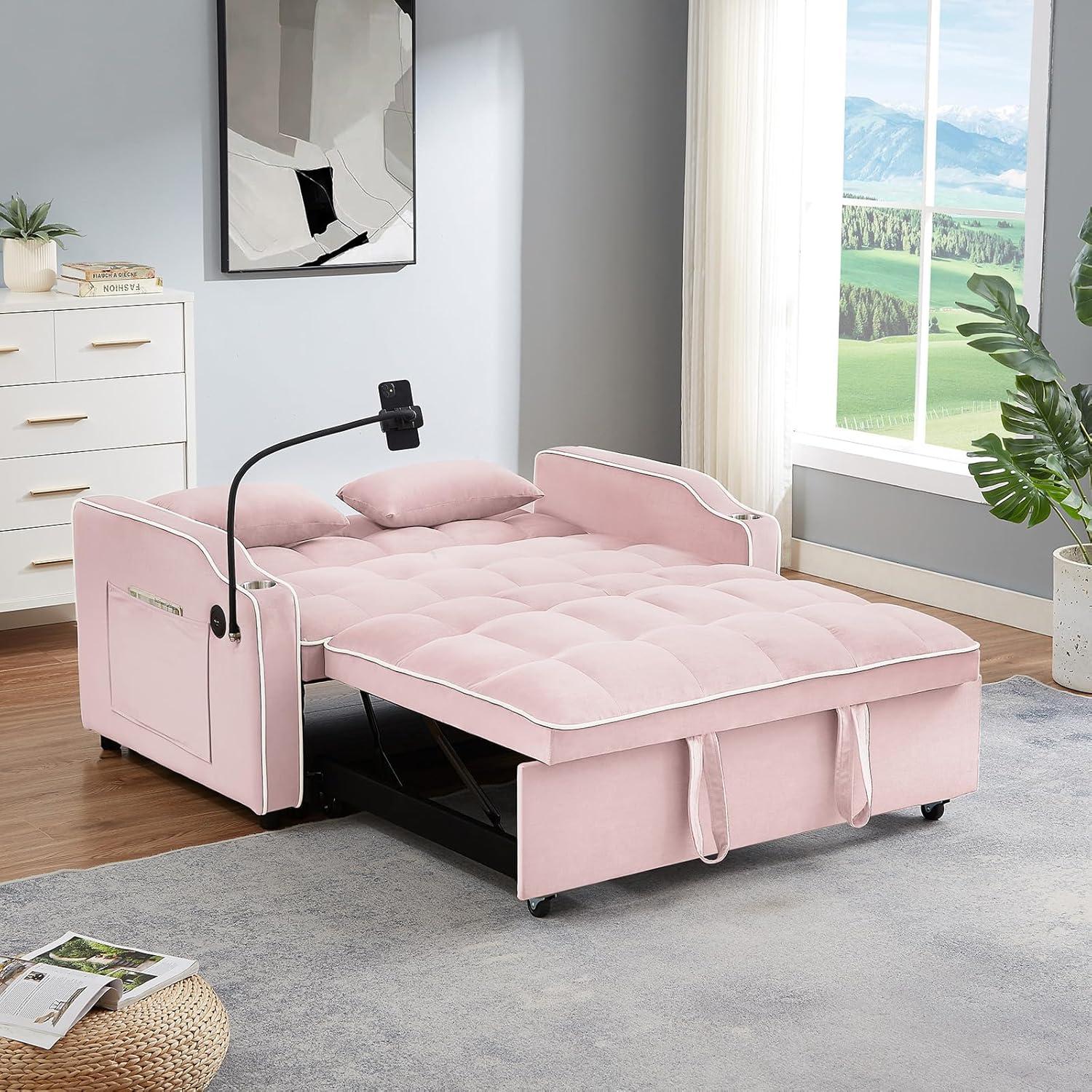 JEEOEHY 3 in 1 Convertible Sleeper Sofa Bed,Velvet Pull Out Couch Bed w USB&Type C Port,Comfy Futon Loveseat w Adjustable Backrest&Phone Stand&Cup Holder for Living Room Apartment Small Space(Pink)