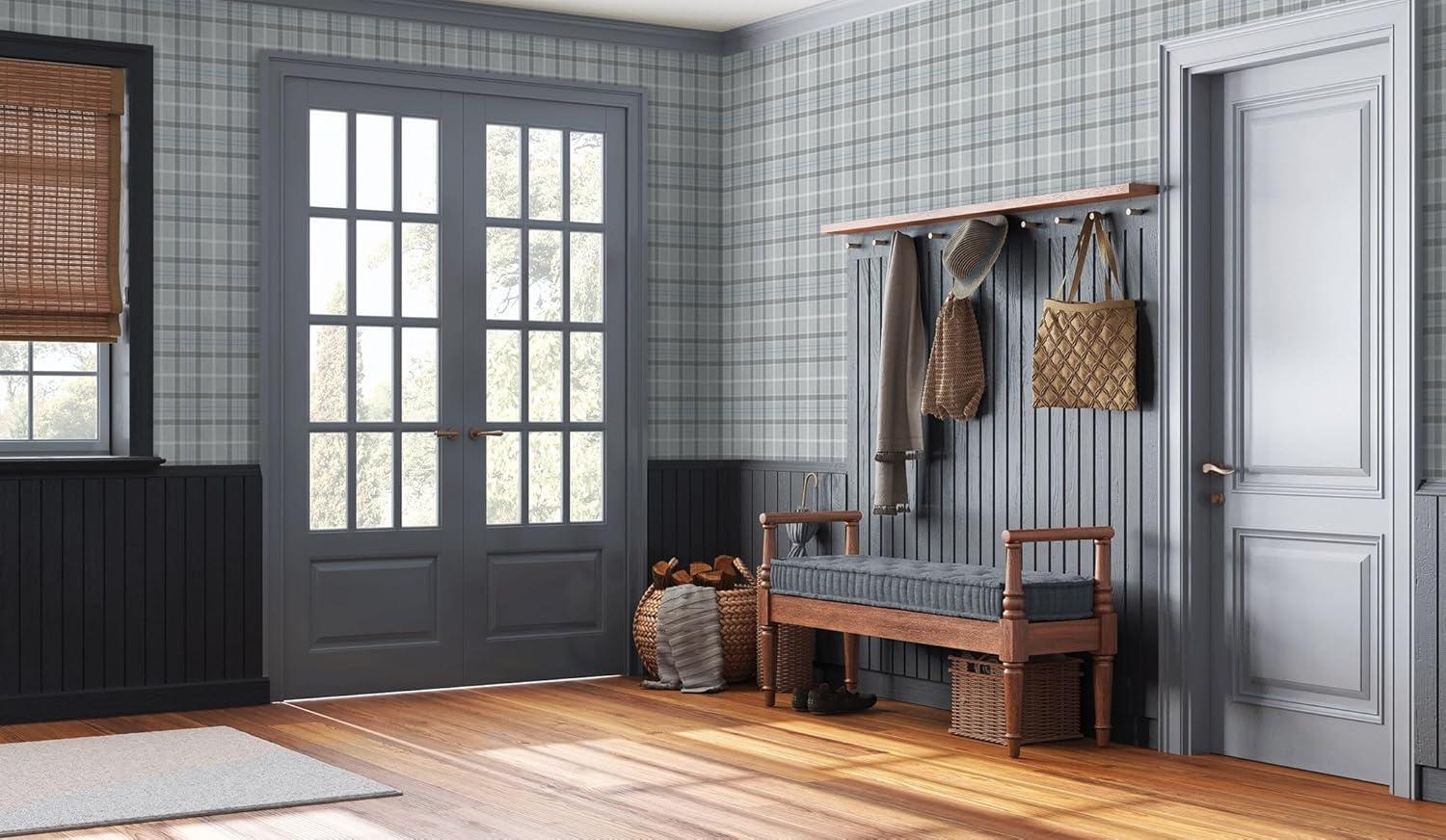NextWall Pavestone & Blue Tailor Plaid Peel and Stick Wallpaper - 20.9 in. W x 18 ft. L Roll