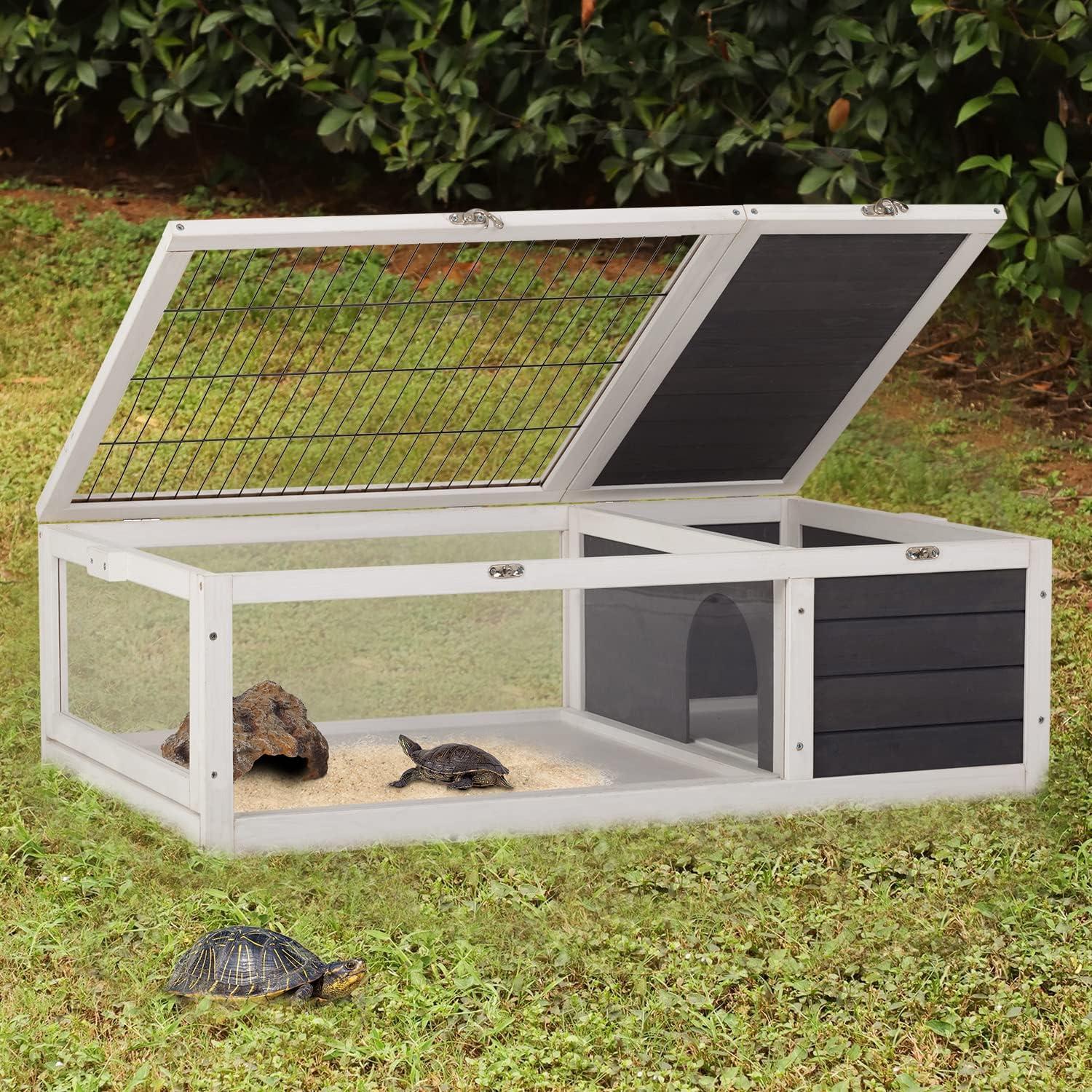 FDW Wooden Tortoise Habitat Large Transparent Tortoise Enclosure, Activity Area and Removable Tray for Small and Medium-Sized Animals,Gray