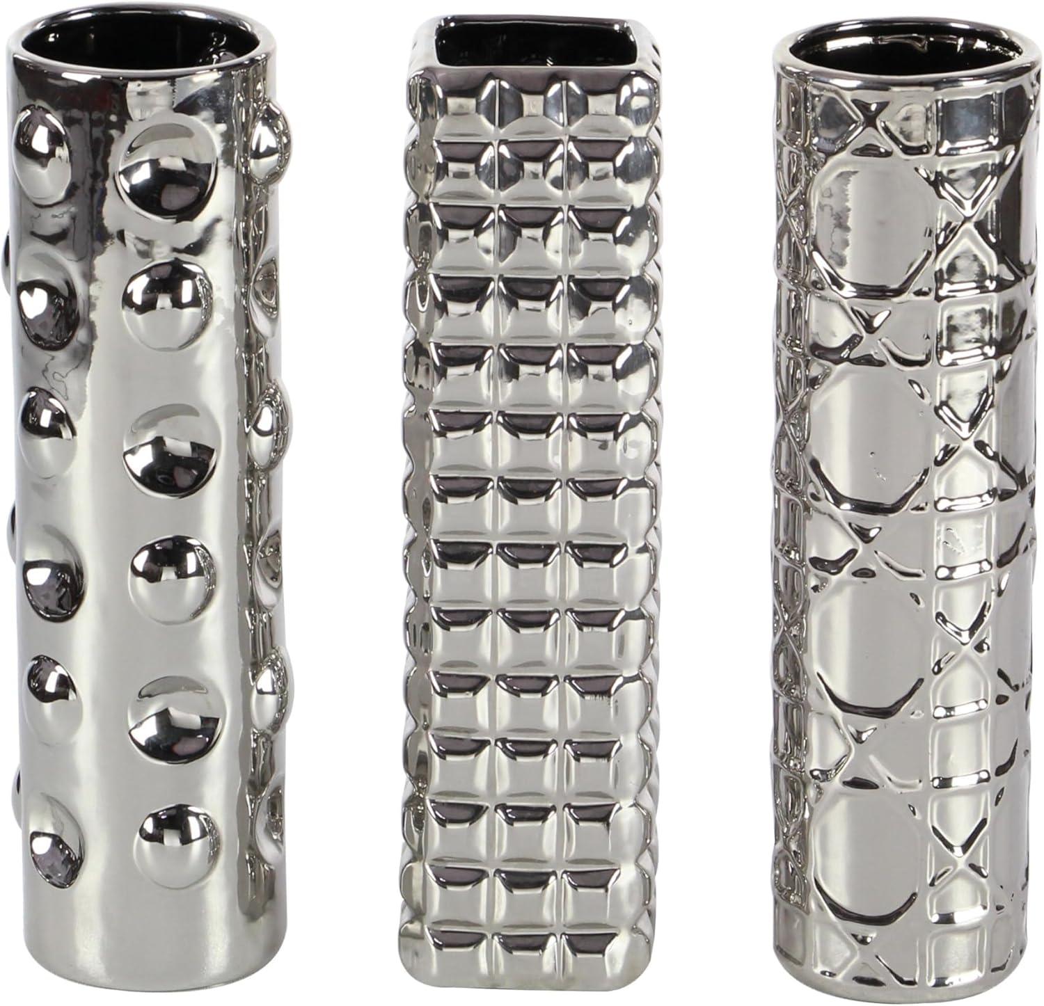 DecMode 4"W, 12"H Silver Ceramic Vase with Varying Patterns, Set of 3