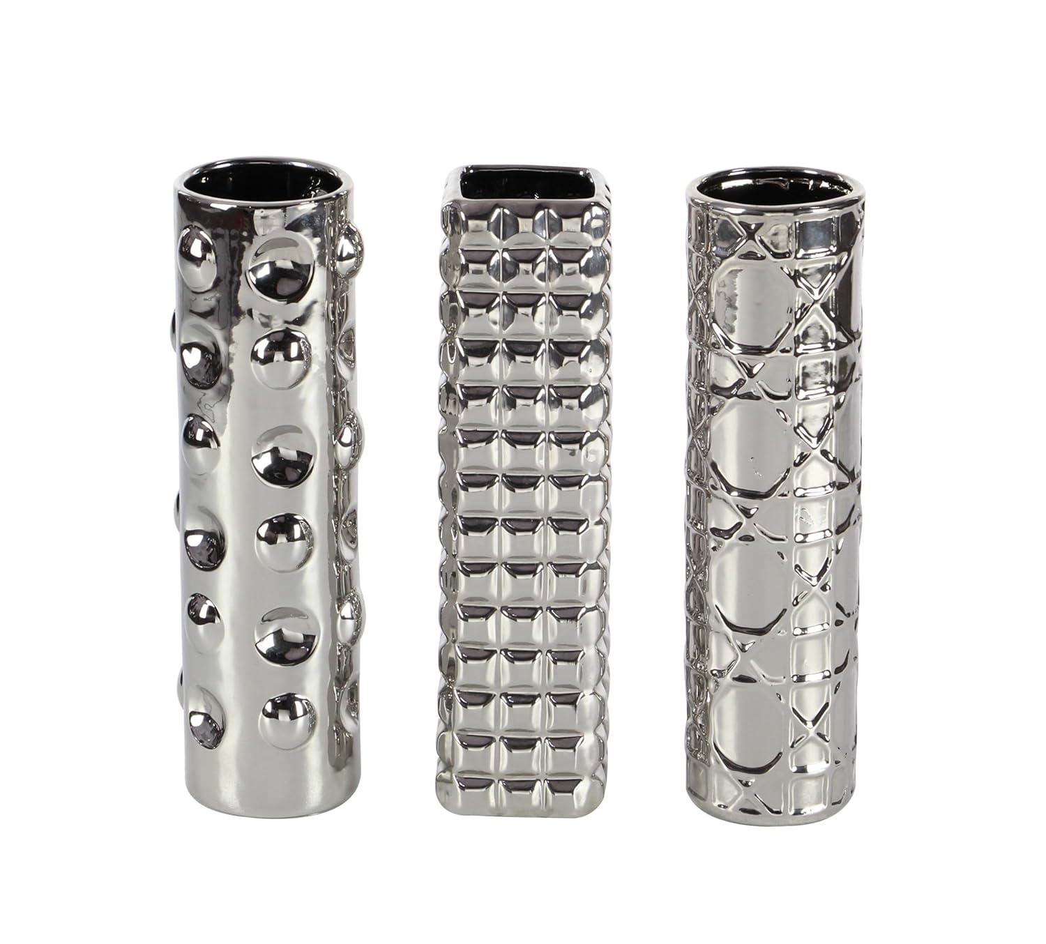 DecMode 4"W, 12"H Silver Ceramic Vase with Varying Patterns, Set of 3