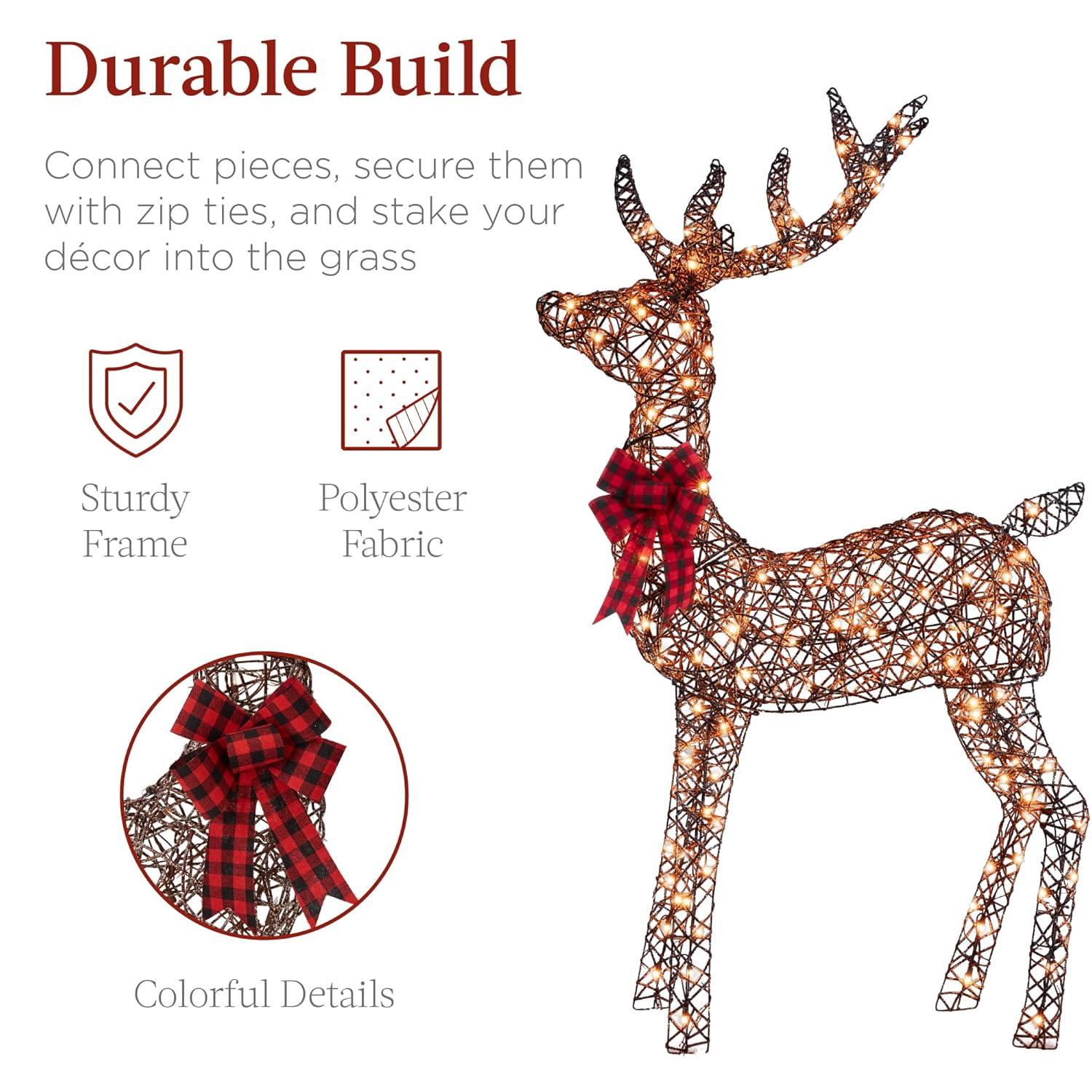 Best Choice Products 3-Piece Rattan Deer Set, Lighted Christmas Outdoor Decoration w/ 360 Lights, Stakes - Rattan