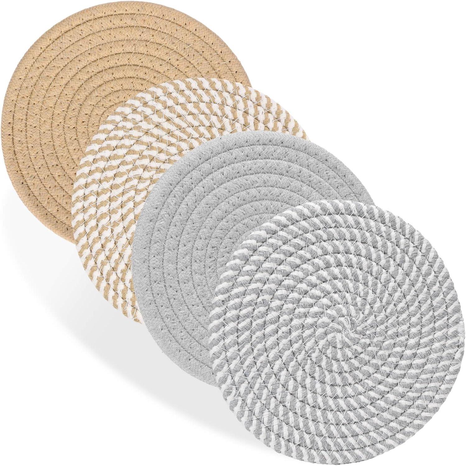 7" Gray and White Cotton Heat Resistant Trivets Set