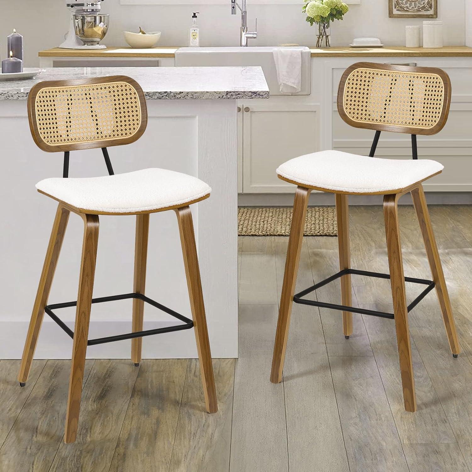 Counter Height Bar Stools Set of 2, Mid Century Modern Counter Stools, 26" Wood Kitchen Stool Boucle Fabric Upholstered Barstool with Rattan Back, Counter Height Island Dining Bar Chair, White