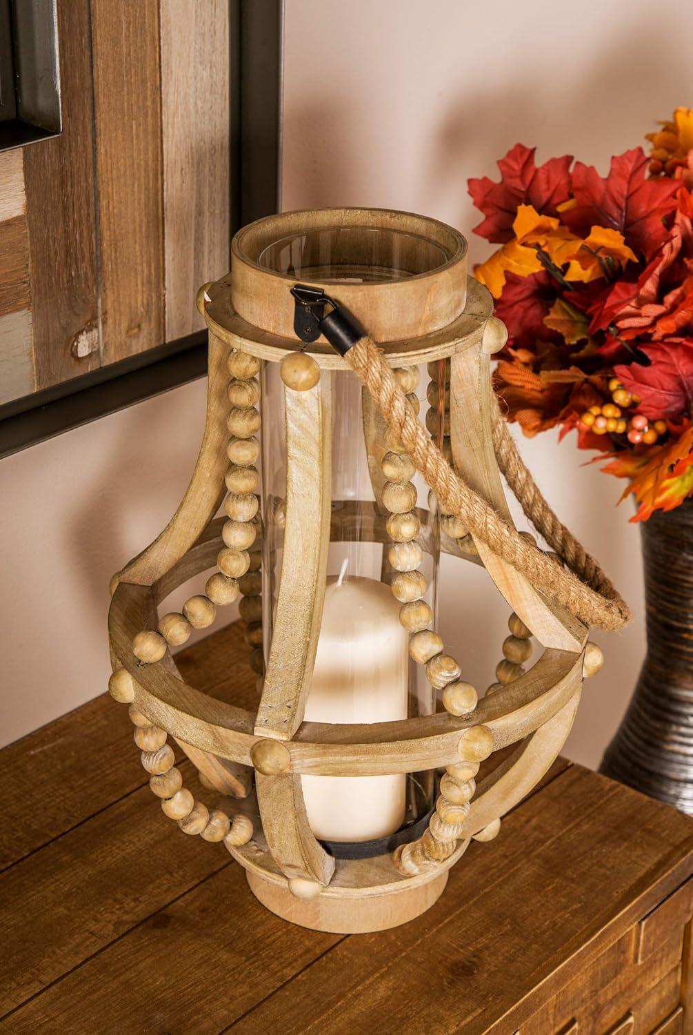Olivia & May 16" x 10" Rustic Wood/Glass Candle Holder with Rope Handle Beige : Wooden Lantern, Tall Pillar Style