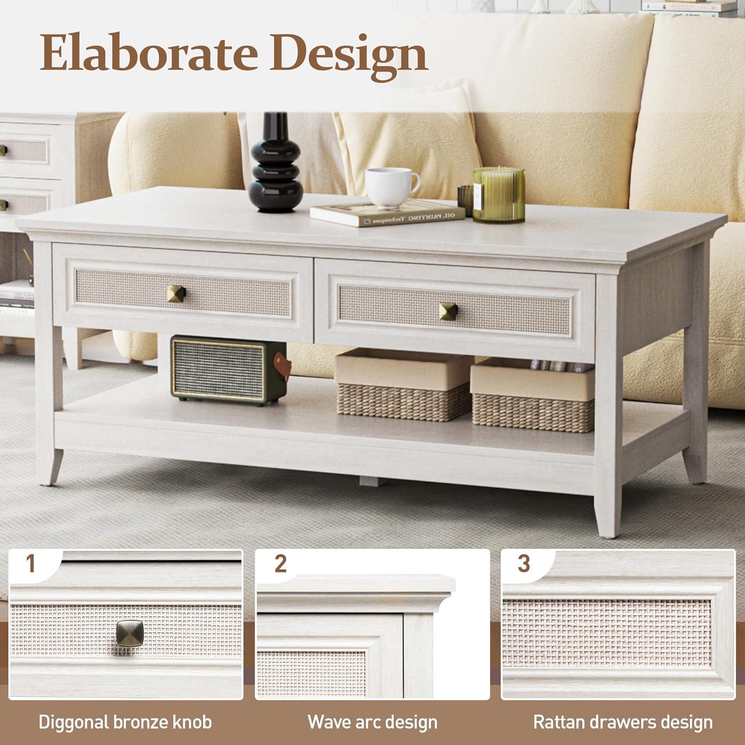 Royalcraft Farmhouse Coffee Table, Boho Tea Table with 2 Rattan Decor Drawers, Accent Center Sofa Table with Storage Shelf, 2 Tier Coffee Table for Bedroom, Living Room, Home Office, Grayish White