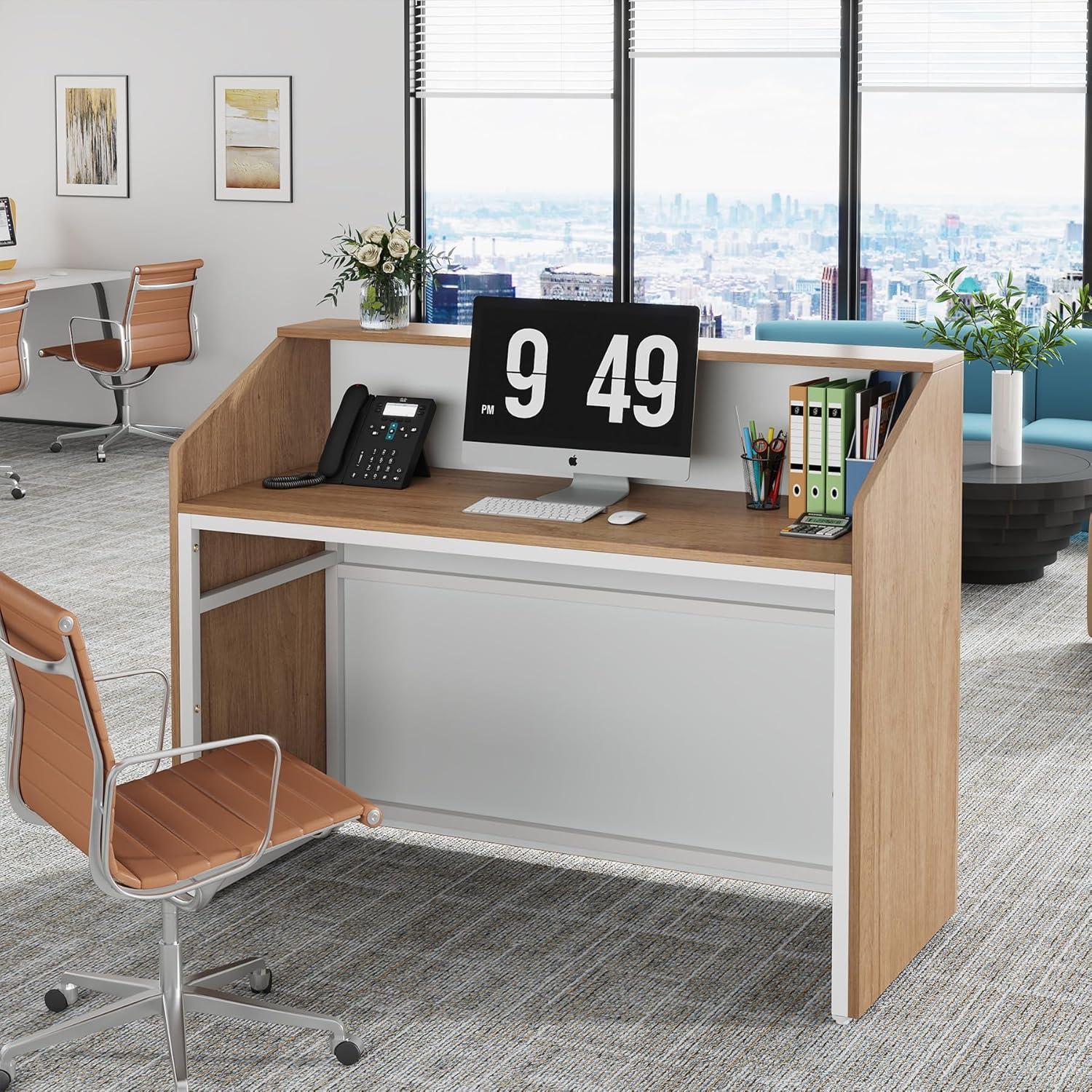 Tribesigns Reception Desk with Counter, Modern Front Desk Reception Room Table with Cable Grommet, 47 inch Retail Counter for Checkout, Lobby, Beauty Salon, Home Office Desk, Oak