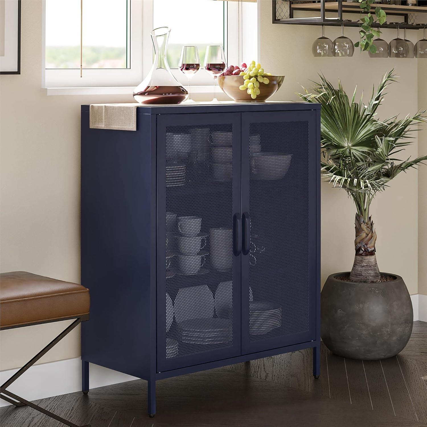 Navy Metal Mesh 2-Door Adjustable Shelving Accent Cabinet