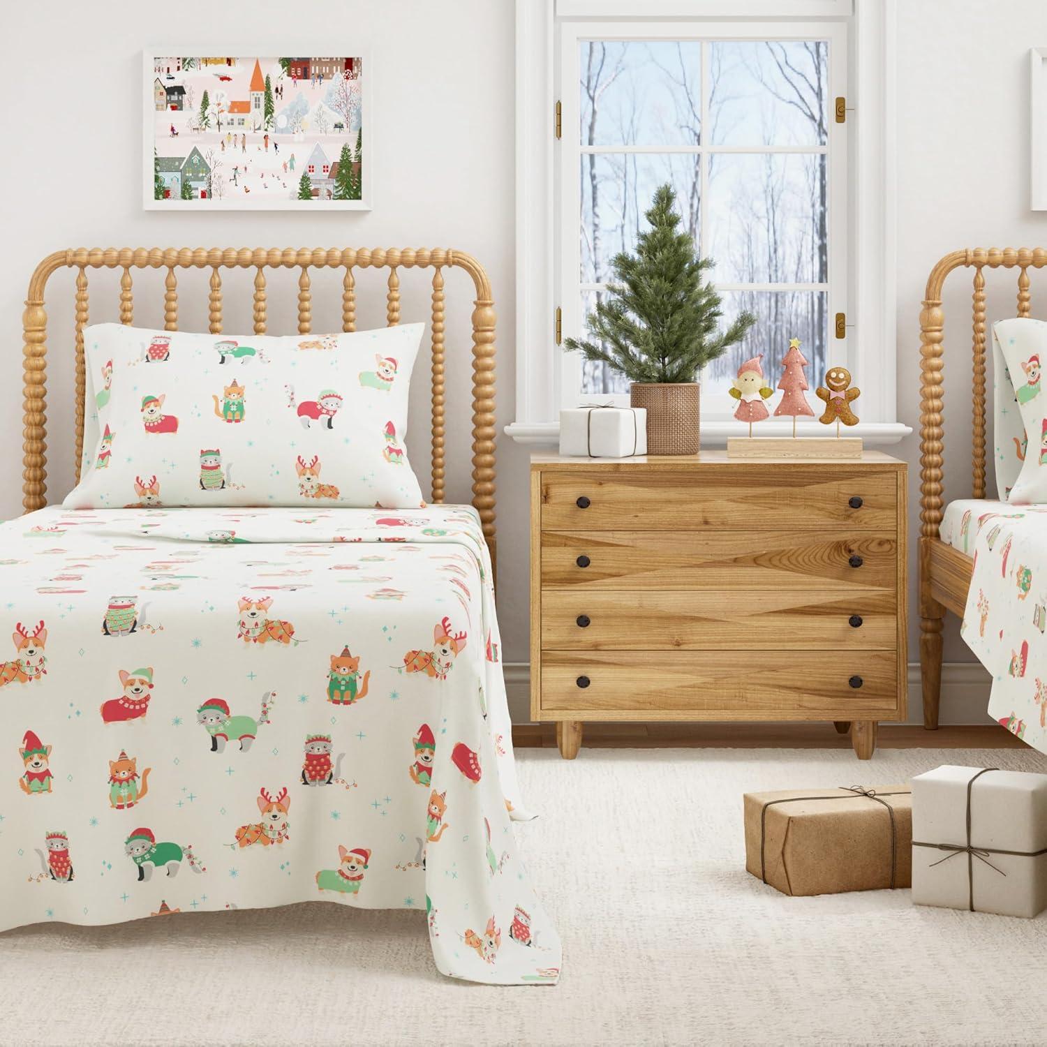 100% Cotton Christmas Flannel Sheets - Great Bay Home (Queen, Dog Cat Christmas)