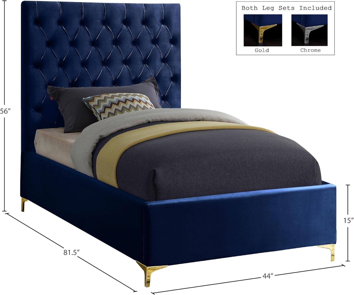 Meridian Furniture Cruz Solid Wood Tufted Velvet Queen Bed in Navy