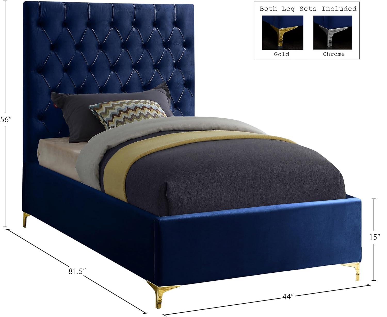 Meridian Furniture Cruz Solid Wood Tufted Velvet Queen Bed in Navy