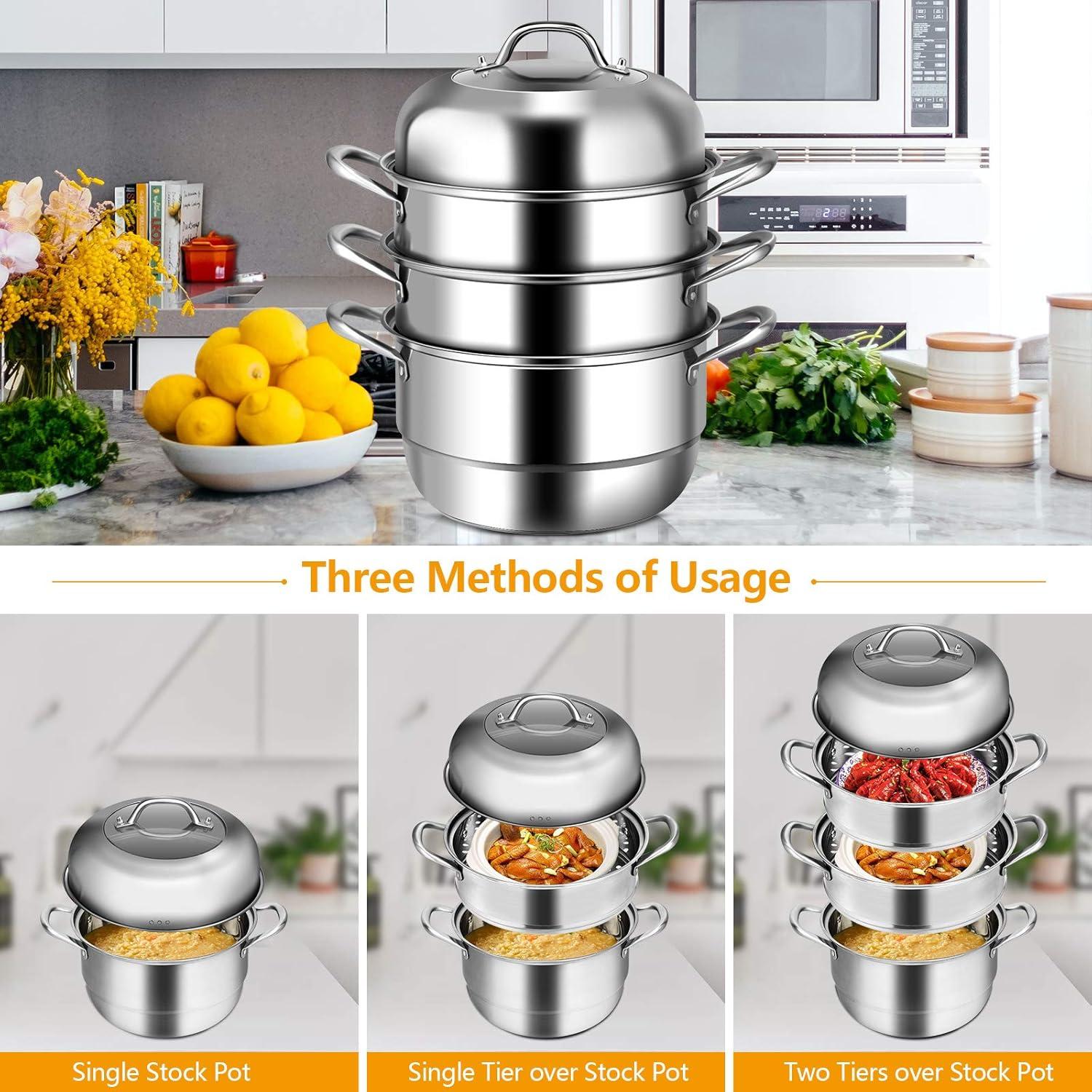 3-Tier Stainless Steel Steamer Pot with Tempered Glass Lid