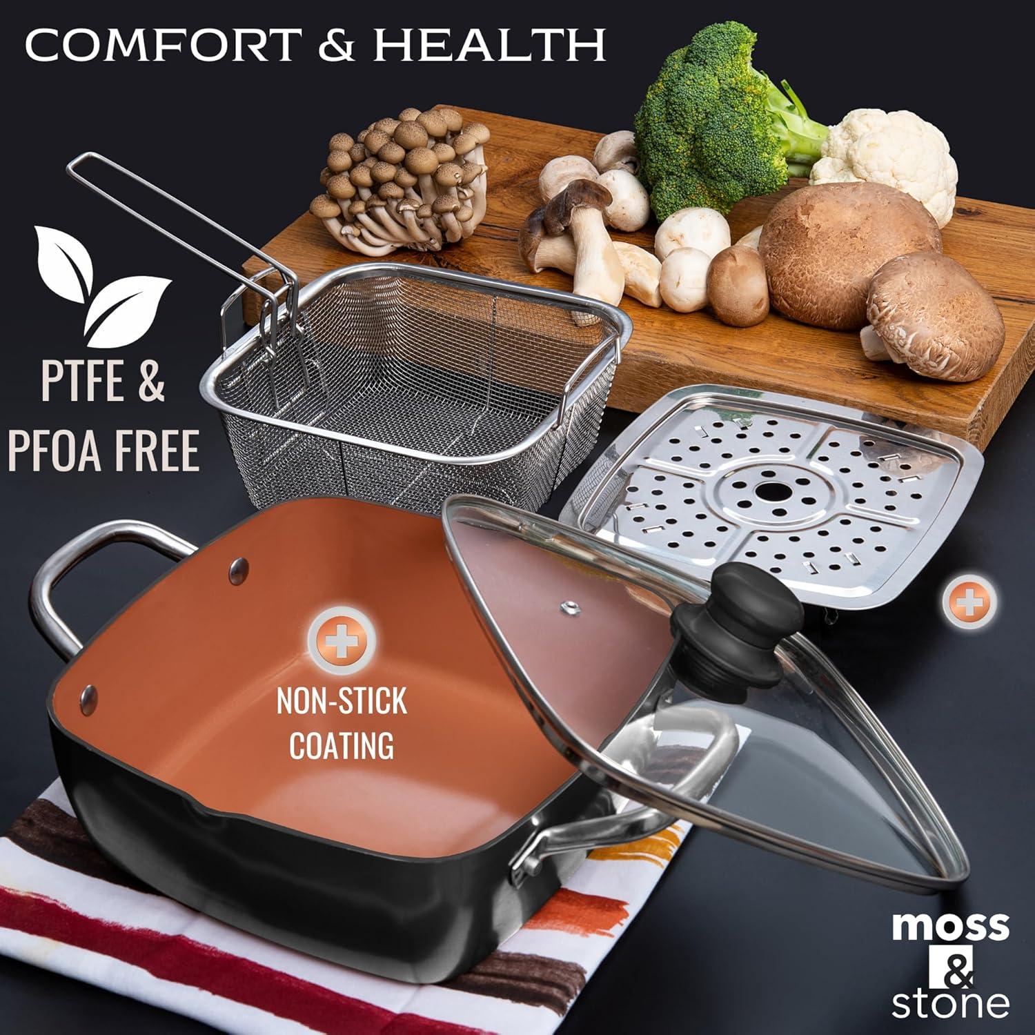 Moss & Stone Copper 5 Piece Set Chef Cookware, 9.5” Non Stick Pan, Deep Square Pan, Fry Basket, Steamer Tray, Dishwasher & Oven Safe, 5 Quart Copper Pot Set, Black Induction Cookware Set