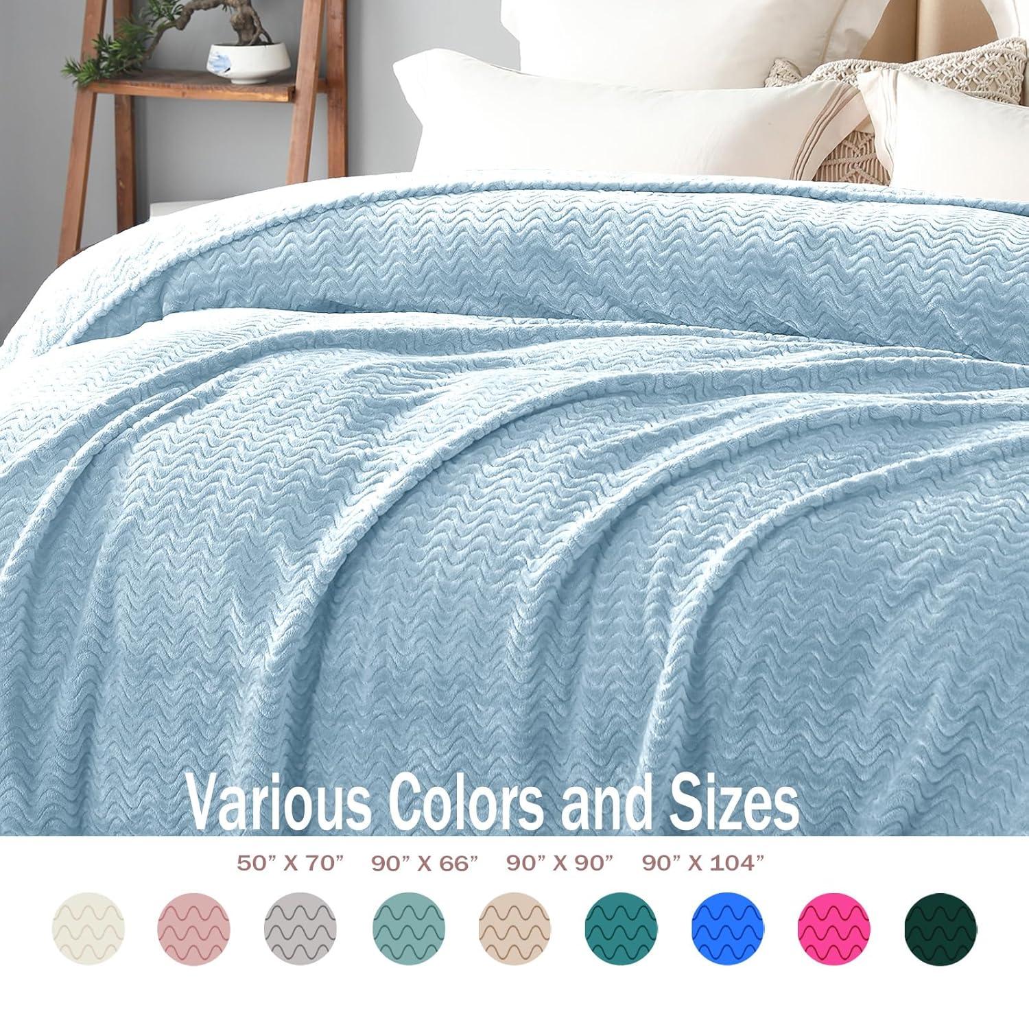 Exclusivo Mezcla Large Flannel Fleece Throw Blanket, Jacquard Weave Wave Pattern Blanket (50" x 70", Light Blue)