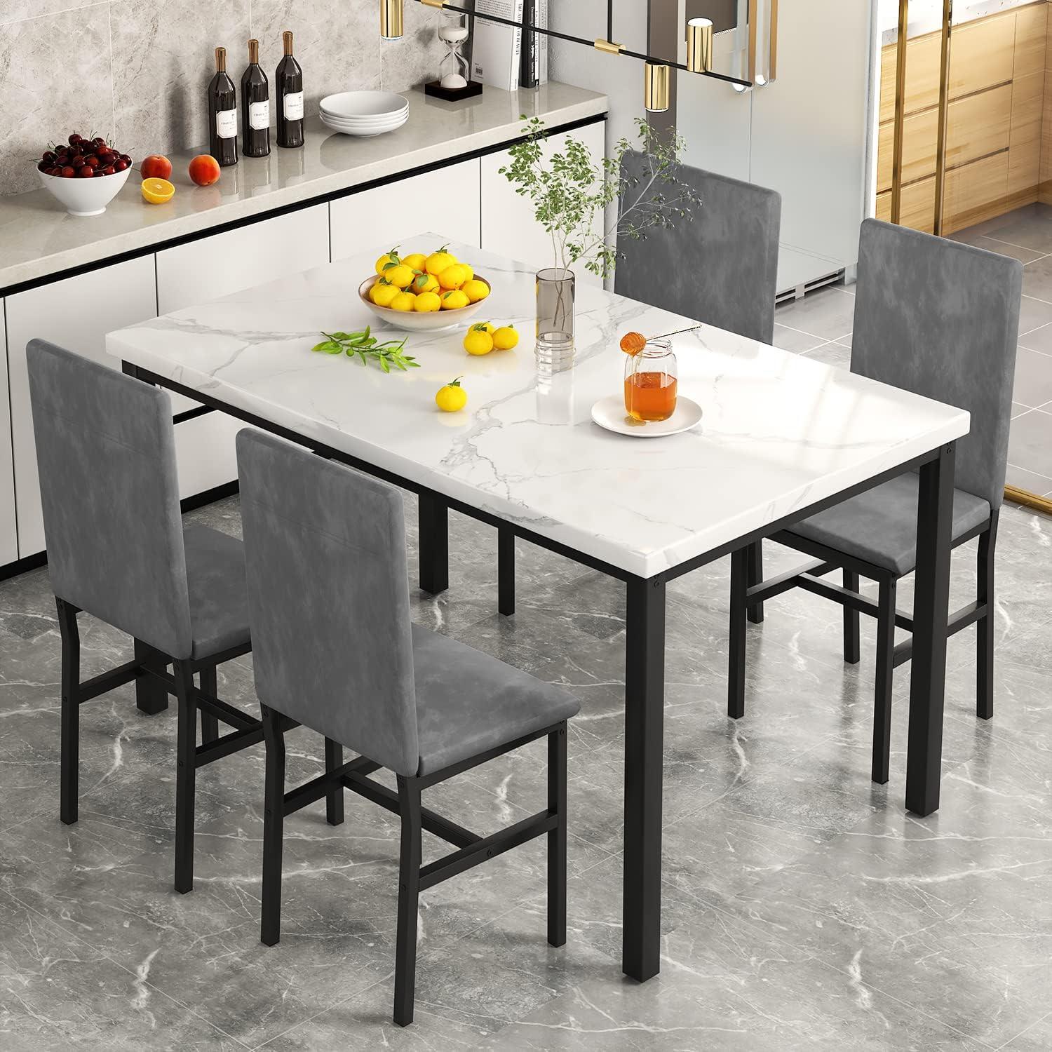 Recaceik 5-Piece Marble Dining Table Set with 4 Velvet Metal Frame Chairs for 4, 31.2"H Table