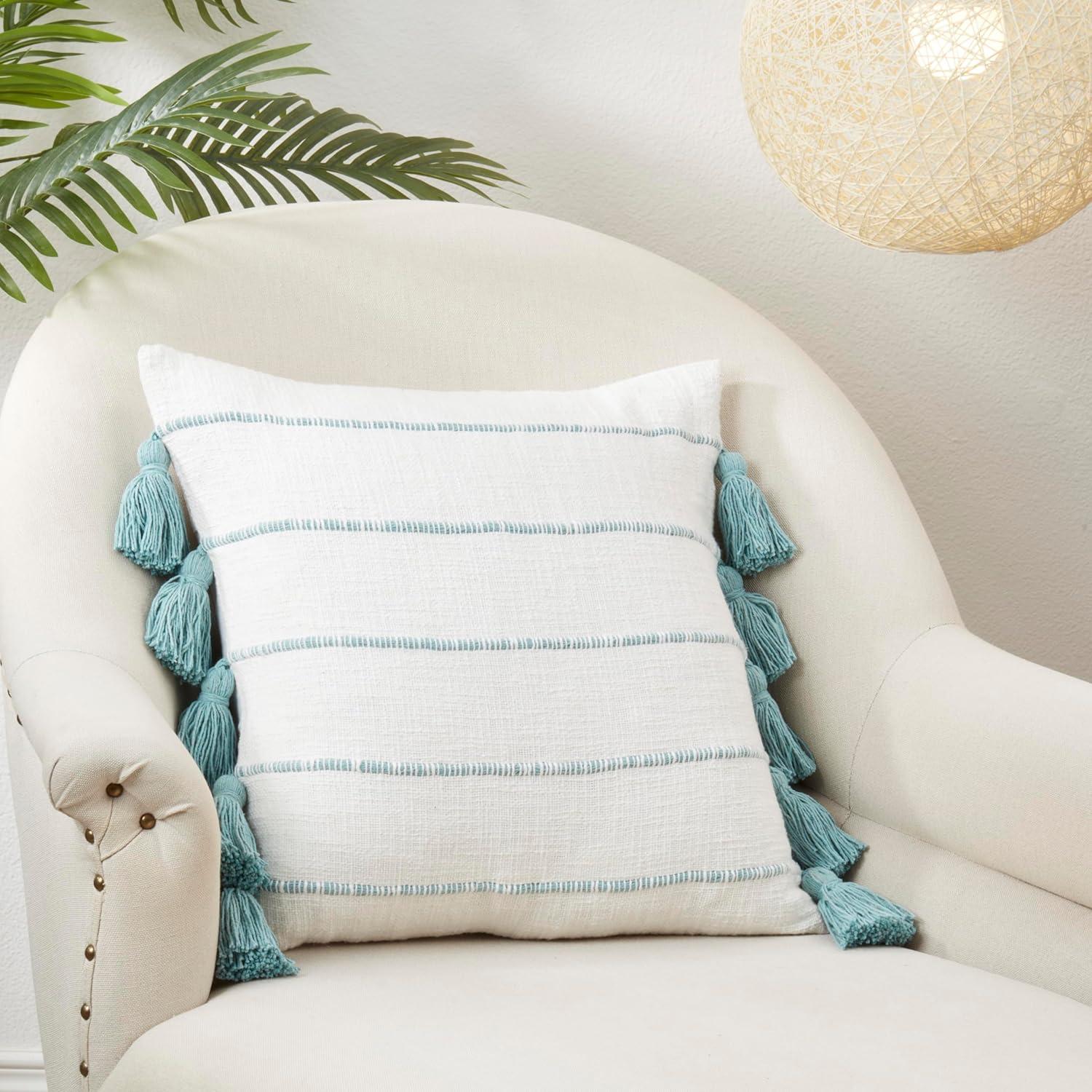 Saro Lifestyle Tassel Fantasy Stripe Poly Filled Throw Pillow, Mint, 18"x18"