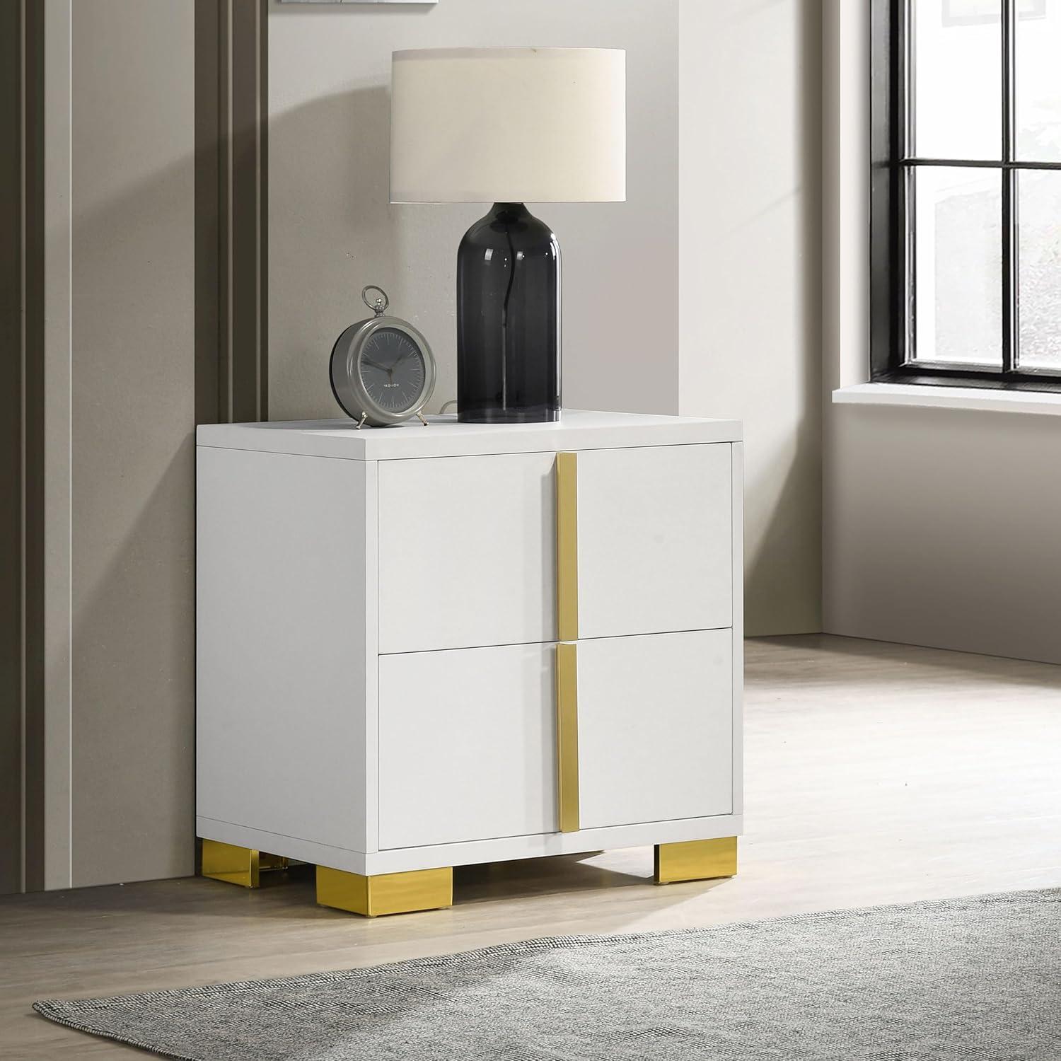 White and Gold Modern 2-Drawer Nightstand