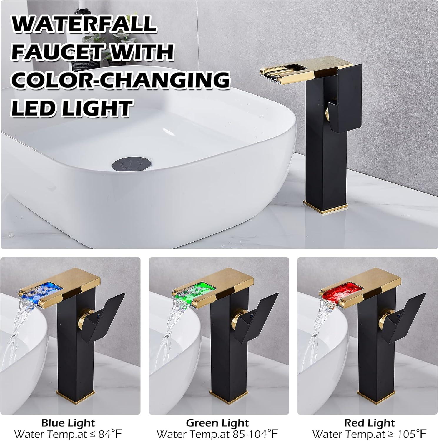 YCCUZA Y217H-BG Single Hole Faucet Single-handle LED Bathroom Vessel Sink Faucet with Drain Assembly
