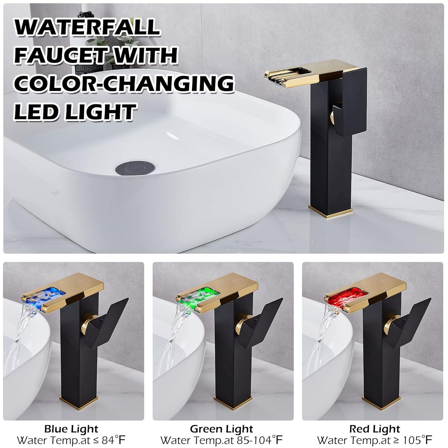 YCCUZA Y217H-BG Single Hole Faucet Single-handle LED Bathroom Vessel Sink Faucet with Drain Assembly