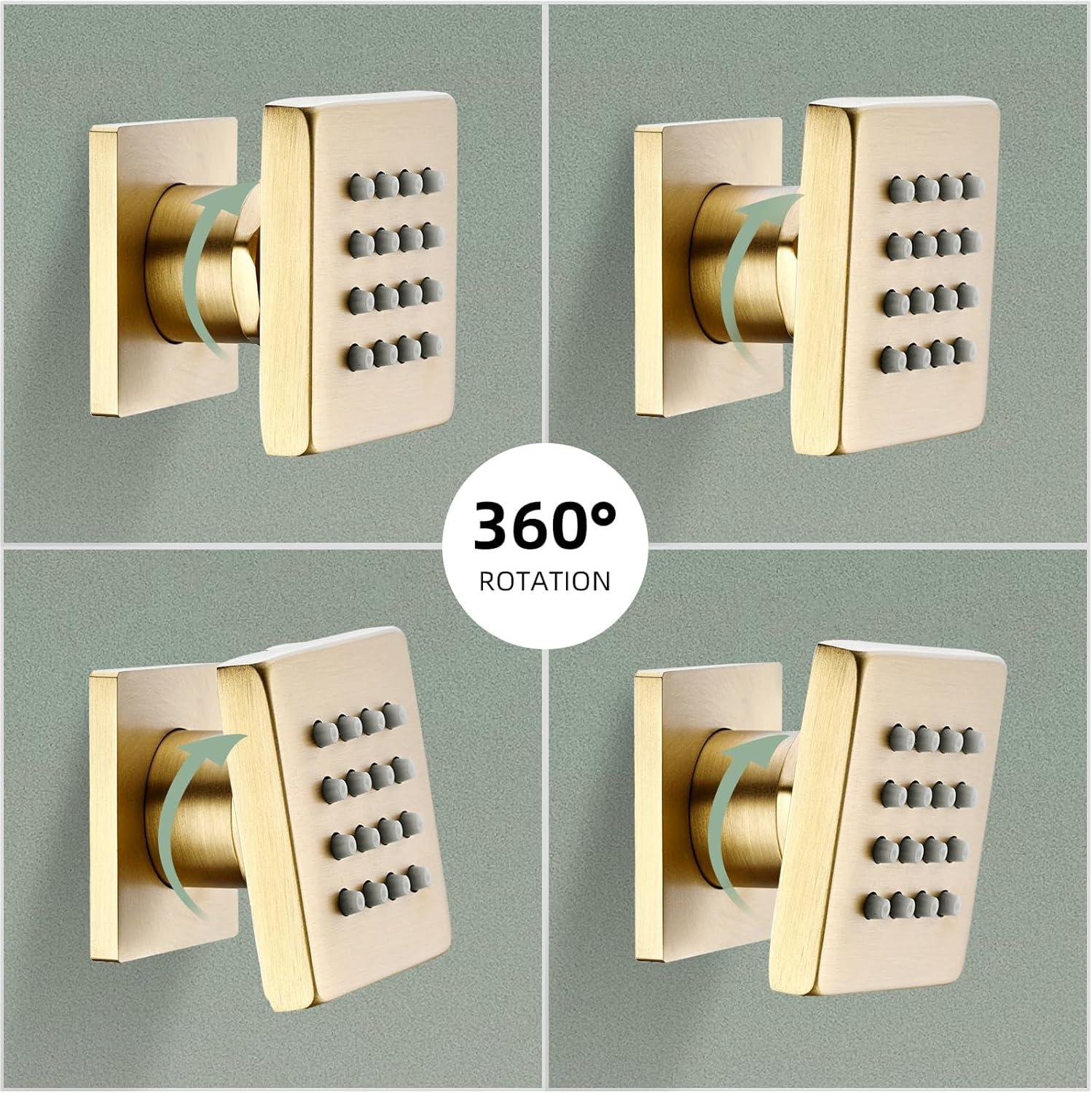 Shower Body Spray Jets with On Off 4PCS Square Shower Body Jet Brass Head Spray Spa Massage Body Shower Side Wall Spray Jets-Flow Cotrol (Brushed Gold)