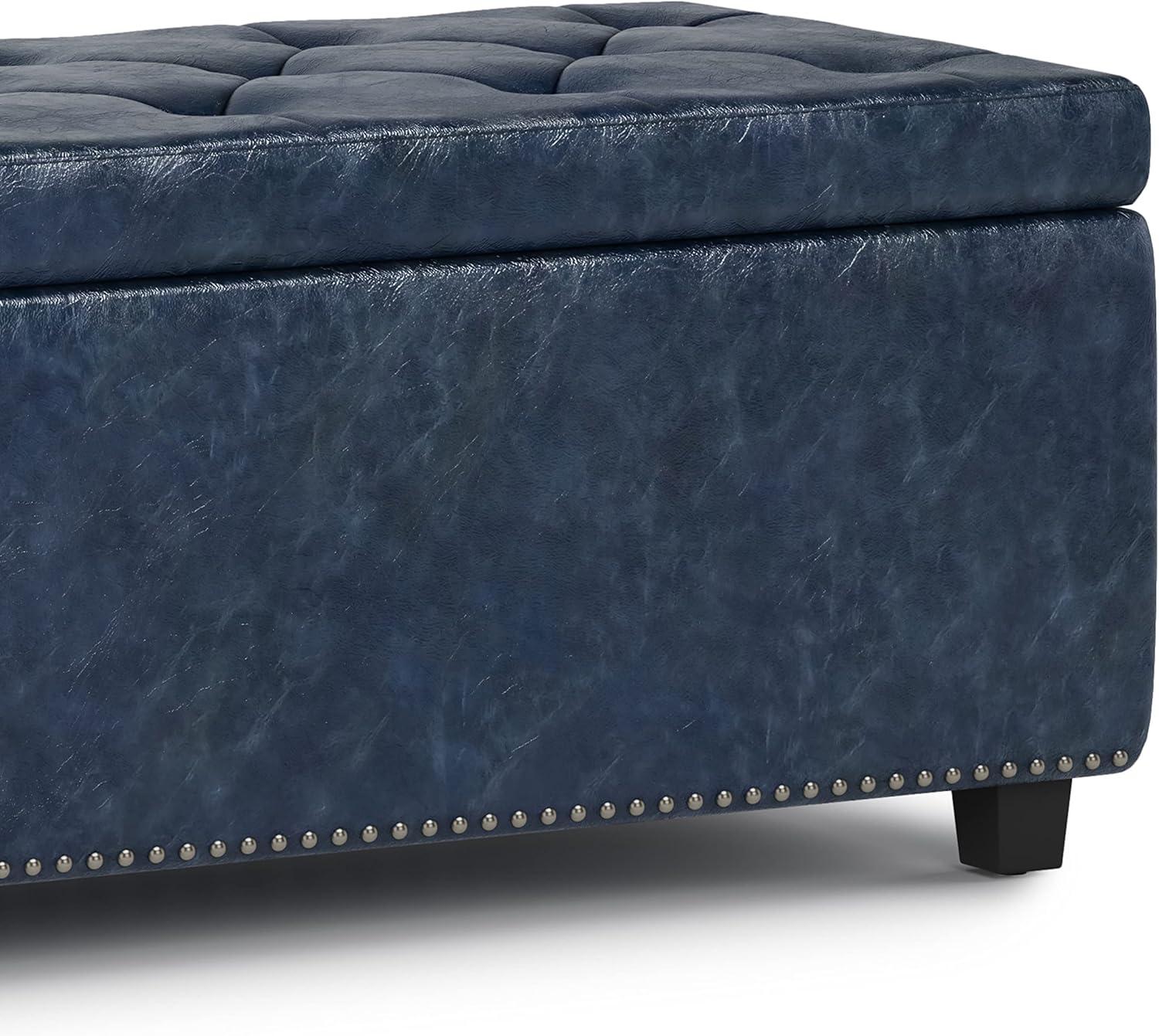 Hamilton 48 inch Wide Traditional Rectangle Storage Ottoman in Denim Blue Faux Leather