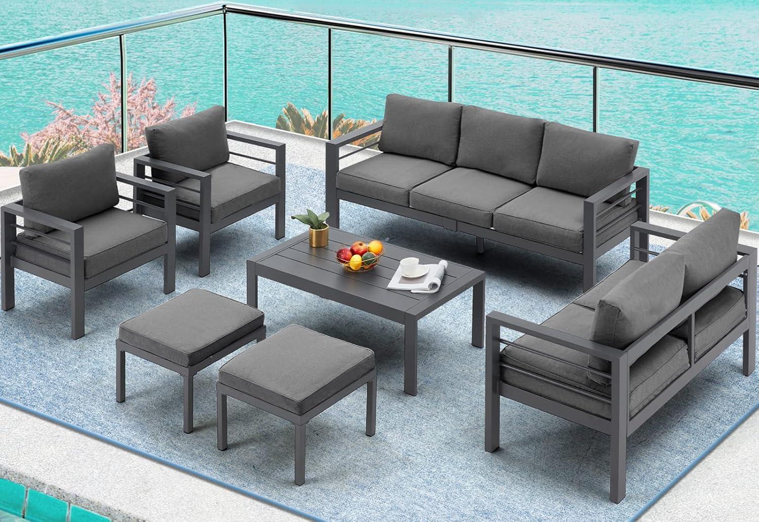 Modern Dark Gray Aluminum 7-Piece Patio Furniture Set