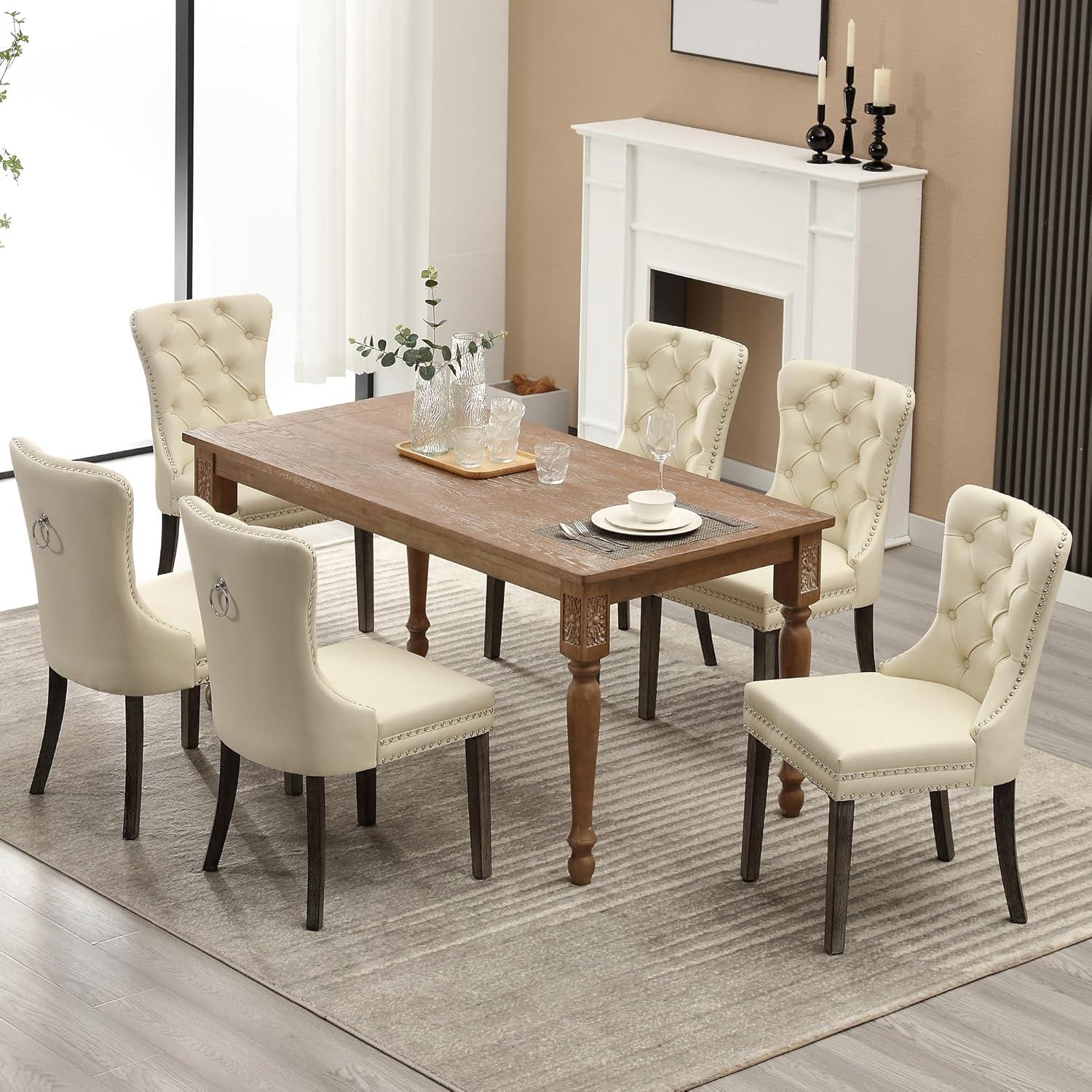 ODUSE-DAILY Velvet Dining Chairs Set of 6, Kitchen & Dining Room Chairs, Nailheads Tufted Chair, Sillas De Comedor, Two-Tone Fabric Upholstered, Wood Legs (Beige & Patterned, 6 Pcs)