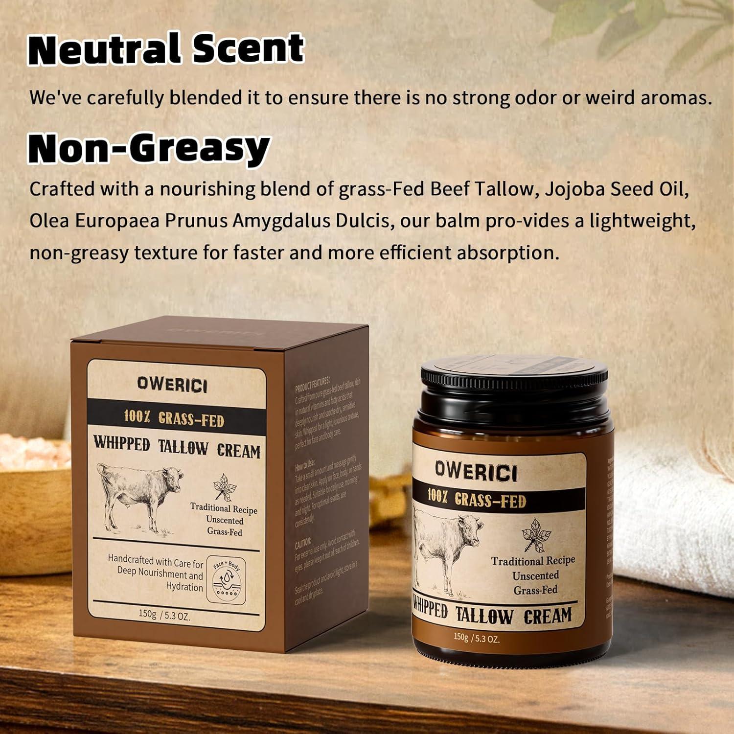 Beef Tallow for Skin, Tallow Face Moisturizer, 100% Grass Fed and Finished, Deeply Moisturizing for Face & Body, Whipped Cream Natural Care for Soft Supple (5.3 OZ., Extra Large)