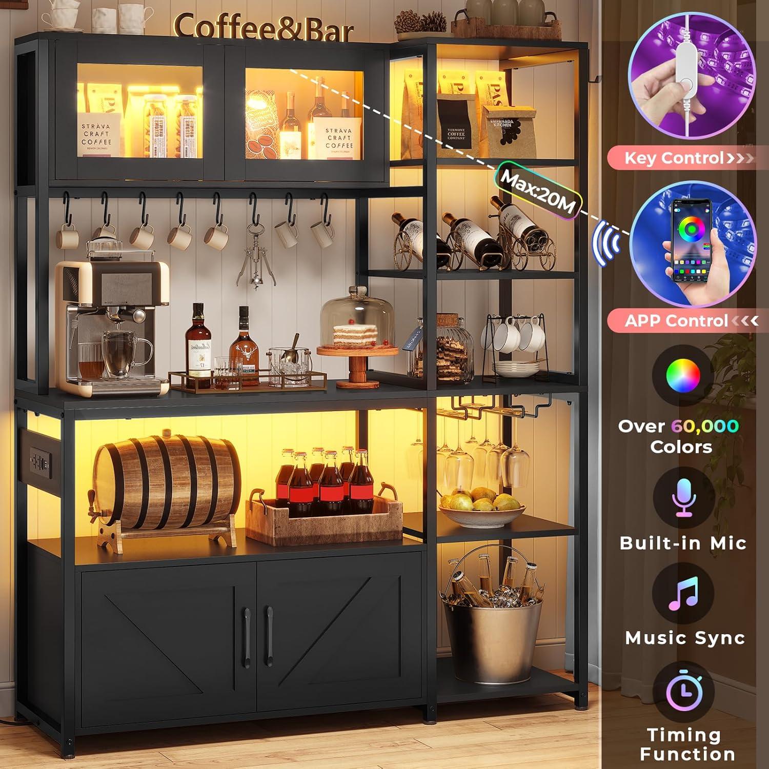 Itaar Bakers Rack with Power Outlet and LED Light, 45.3 Inch Farmhouse Coffee Bar Cabinet, Kitchen Microwave Stand with Storage, Glass Cabinet, Goblet Holder and 8 Hooks (Grey)