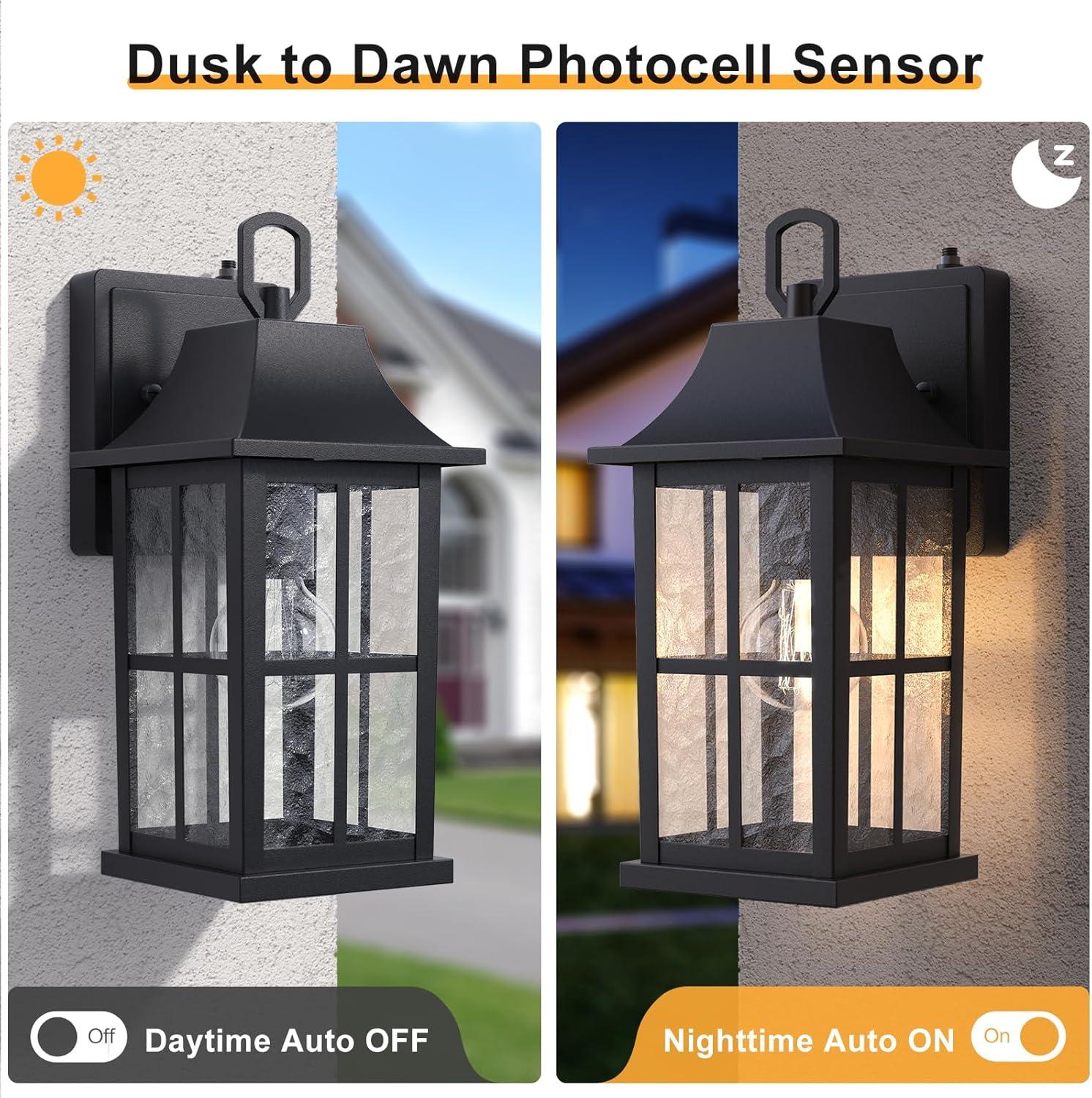 RIZPET 2-Pack Dusk To Dawn Outdoor Wall Lights, Sensor Exterior Light Fixtures Wall Mount, Porch Lights, Black Wall Lantern Wall Lamp, Waterproof Wall Sconce, Outside Lighting For Garage, Front Door (Set of 2)