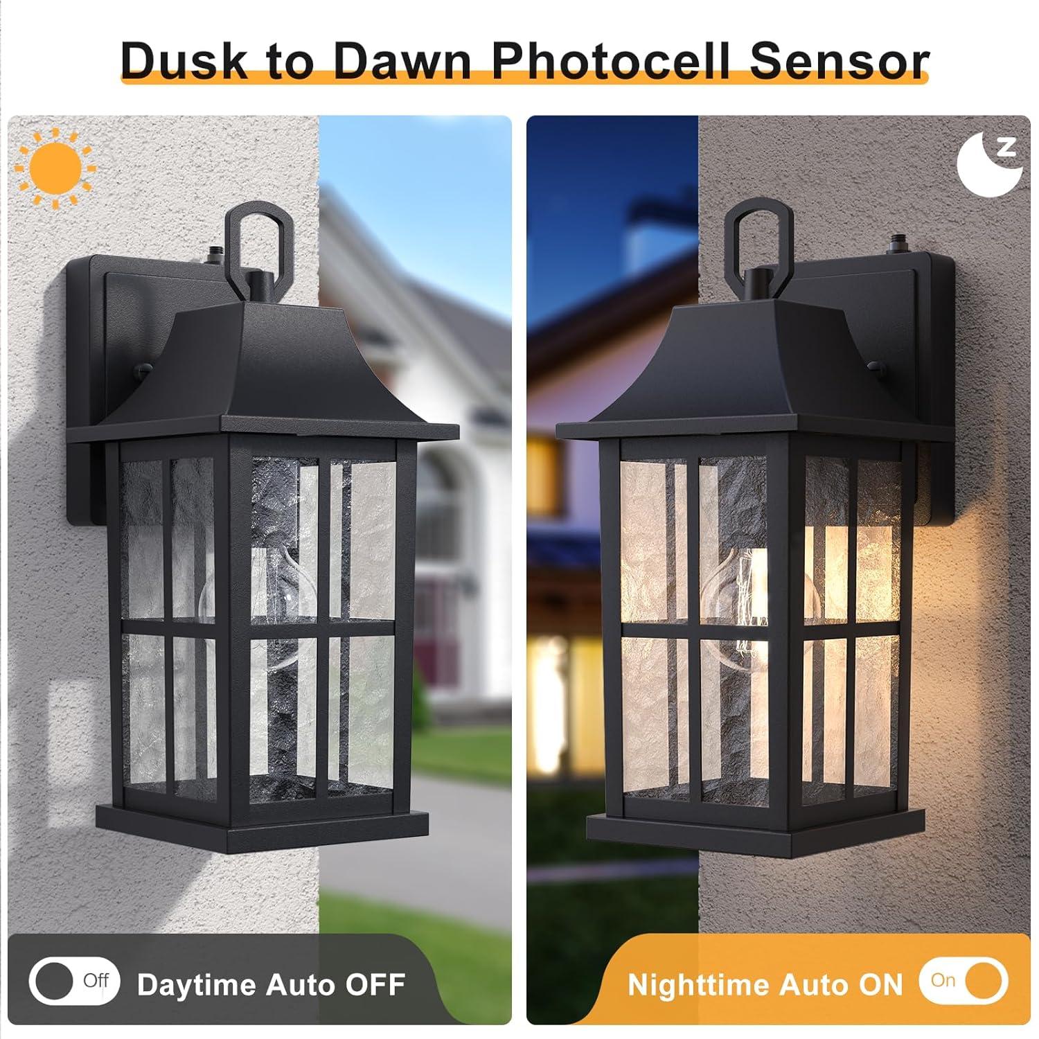 RIZPET 2-Pack Dusk To Dawn Outdoor Wall Lights, Sensor Exterior Light Fixtures Wall Mount, Porch Lights, Black Wall Lantern Wall Lamp, Waterproof Wall Sconce, Outside Lighting For Garage, Front Door (Set of 2)