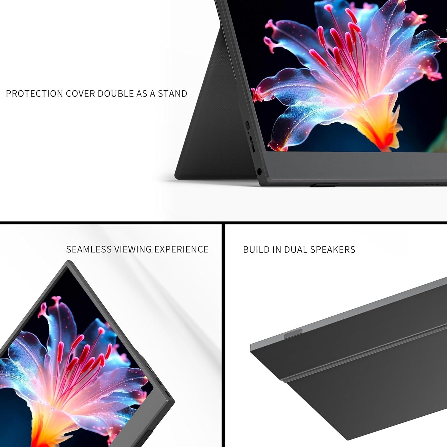 Portable Monitor 15.6" 1080P FHD USB-C HDMI Computer Display with Smart Cover and Dual Speakers, Travel Monitor for Laptop Mac PC Phone PS4/5 Xbox Switch