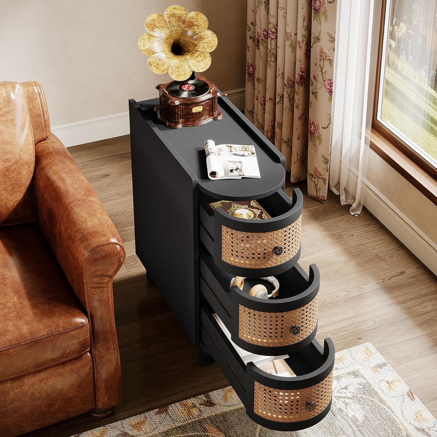 Canddidliike Wood End Table, 3-Drawer Side Table NightStand with 3 Rattan Drawers, End Table for Bedroom, Black