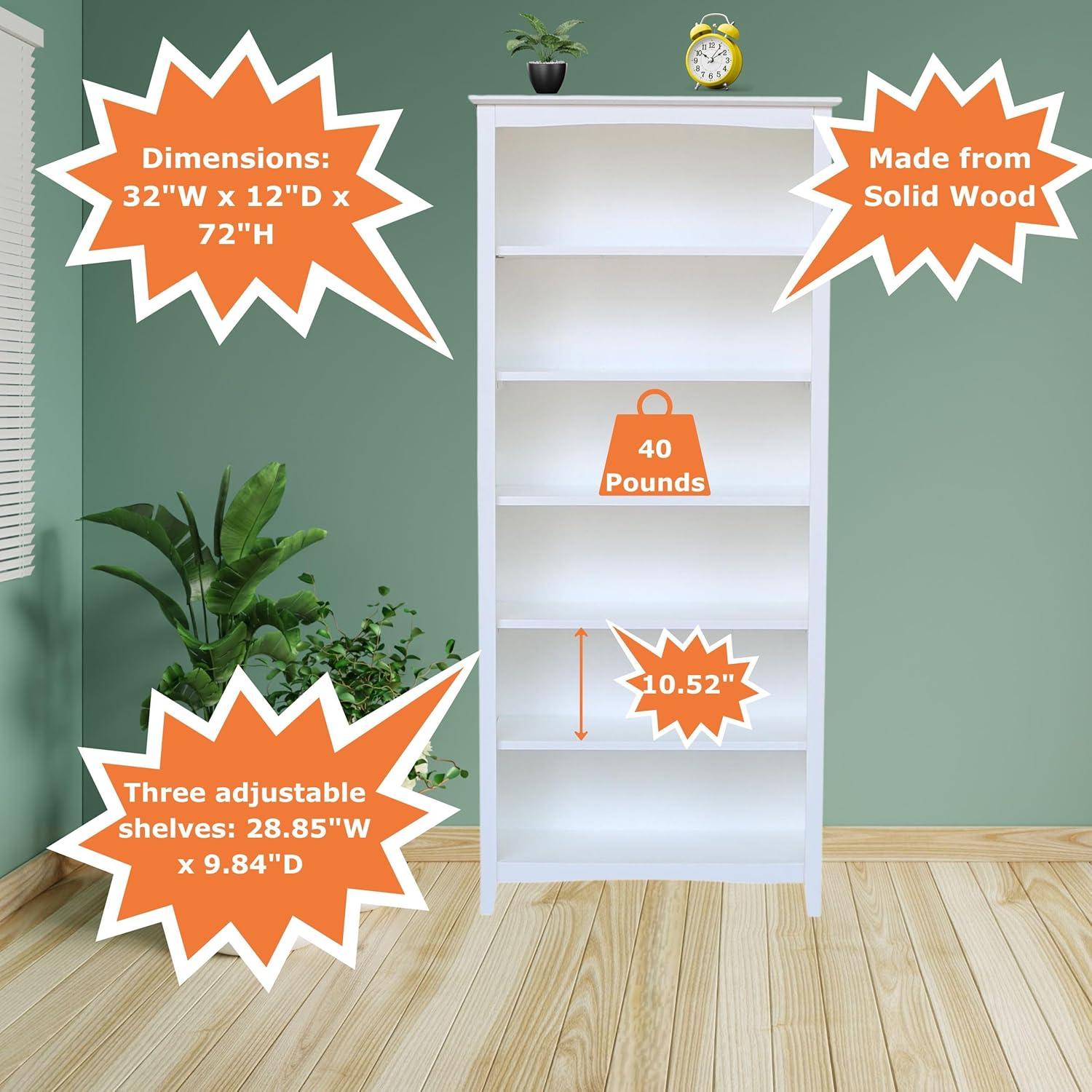 72" Shaker Bookshelf White - International Concepts: Solid Wood, 5 Fixed & Adjustable Shelves