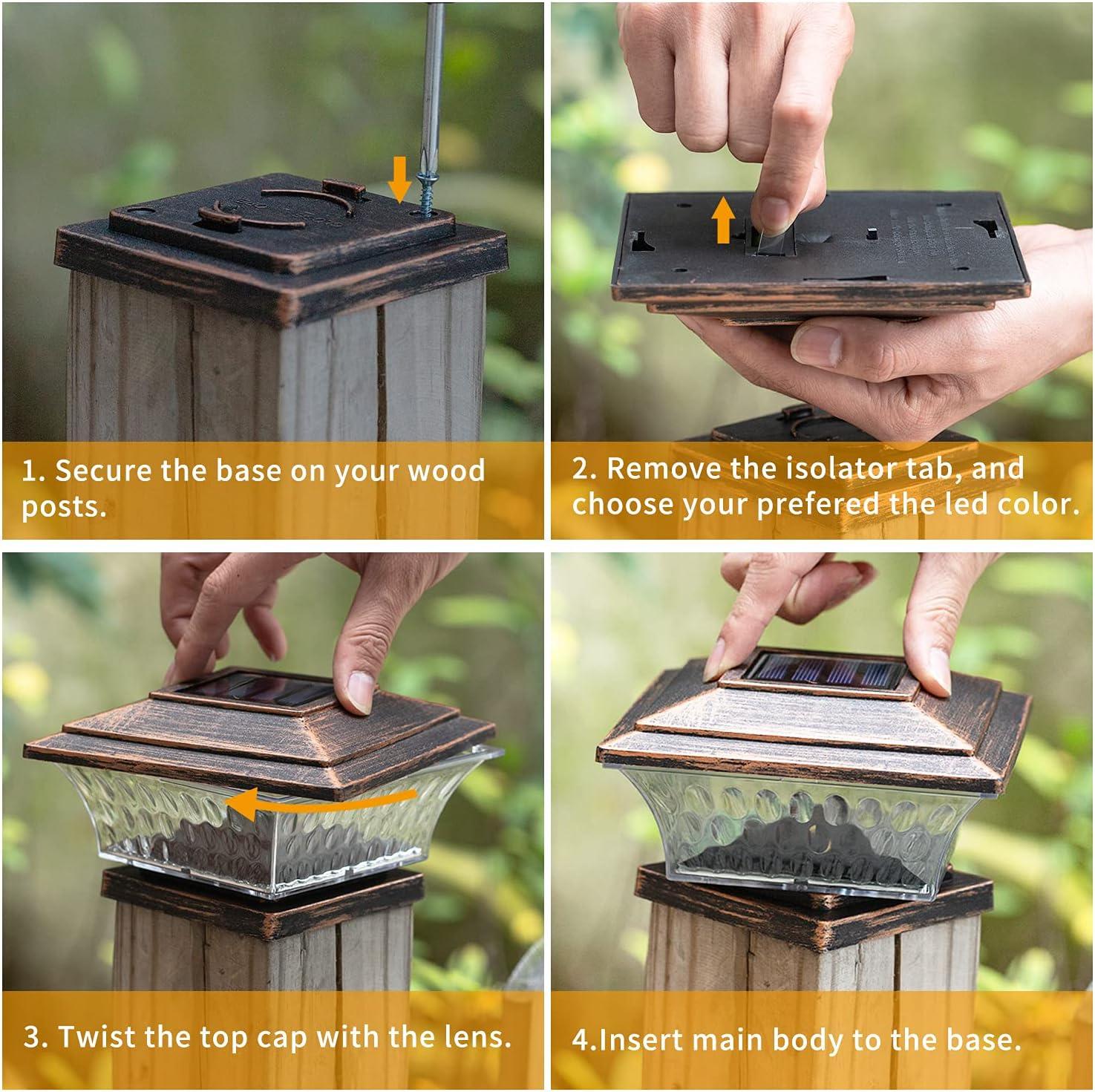 HUYIENO Solar Post Cap Lights Outdoor LED Lighting Deck Fence Cap Light Two Light Modes Warm White/Bright White Suitable for 4x4 Wooden Posts Brushed Copper 4PK