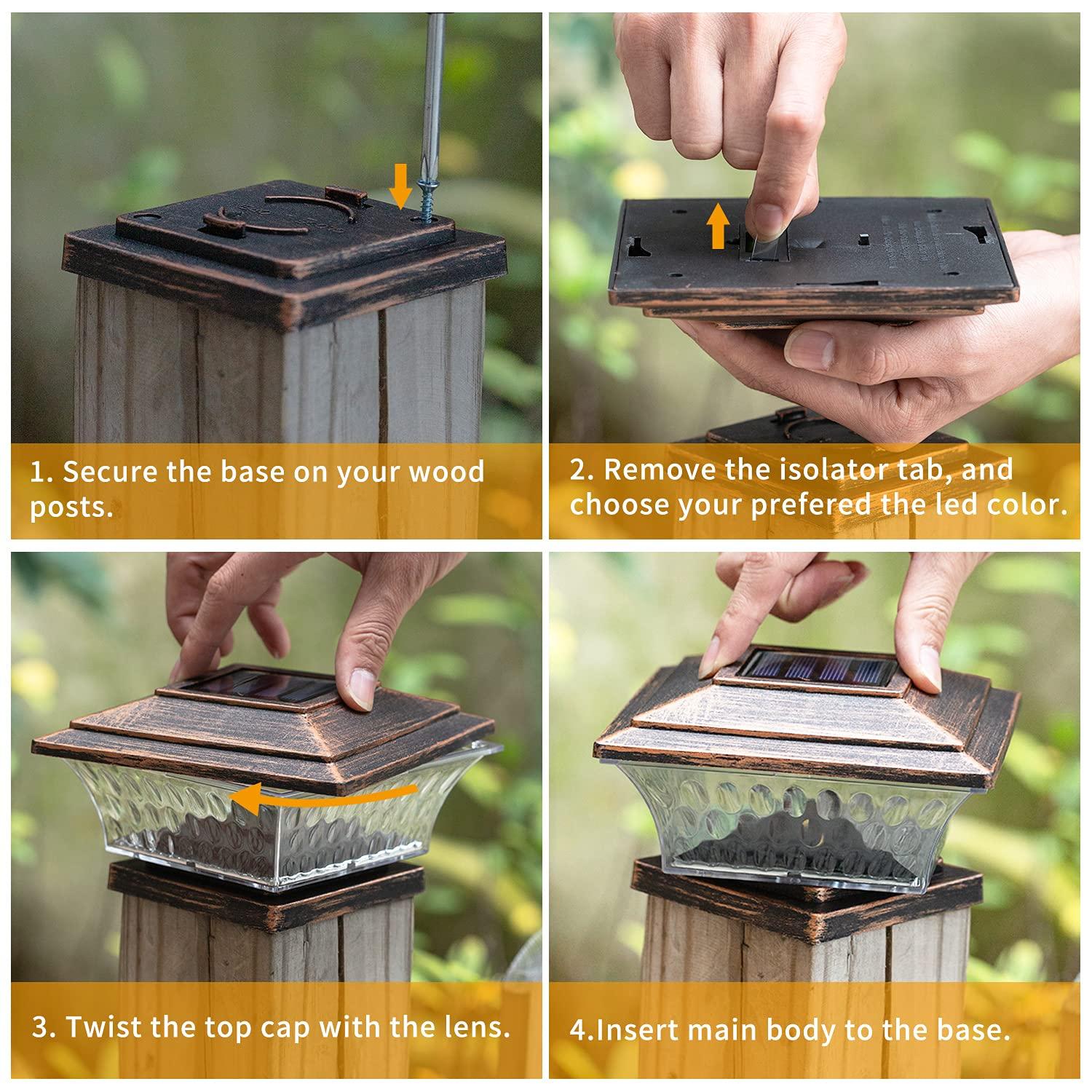 HUYIENO Solar Post Cap Lights Outdoor LED Lighting Deck Fence Cap Light Two Light Modes Warm White/Bright White Suitable for 4x4 Wooden Posts Brushed Copper 4PK