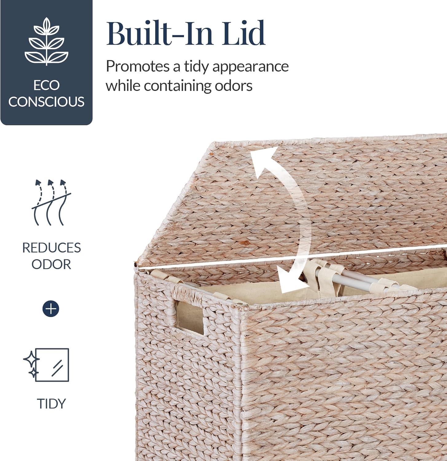 Best Choice Products Large Natural Water Hyacinth Double Laundry Hamper Basket w/ 2 Liner Bags, Handles - White