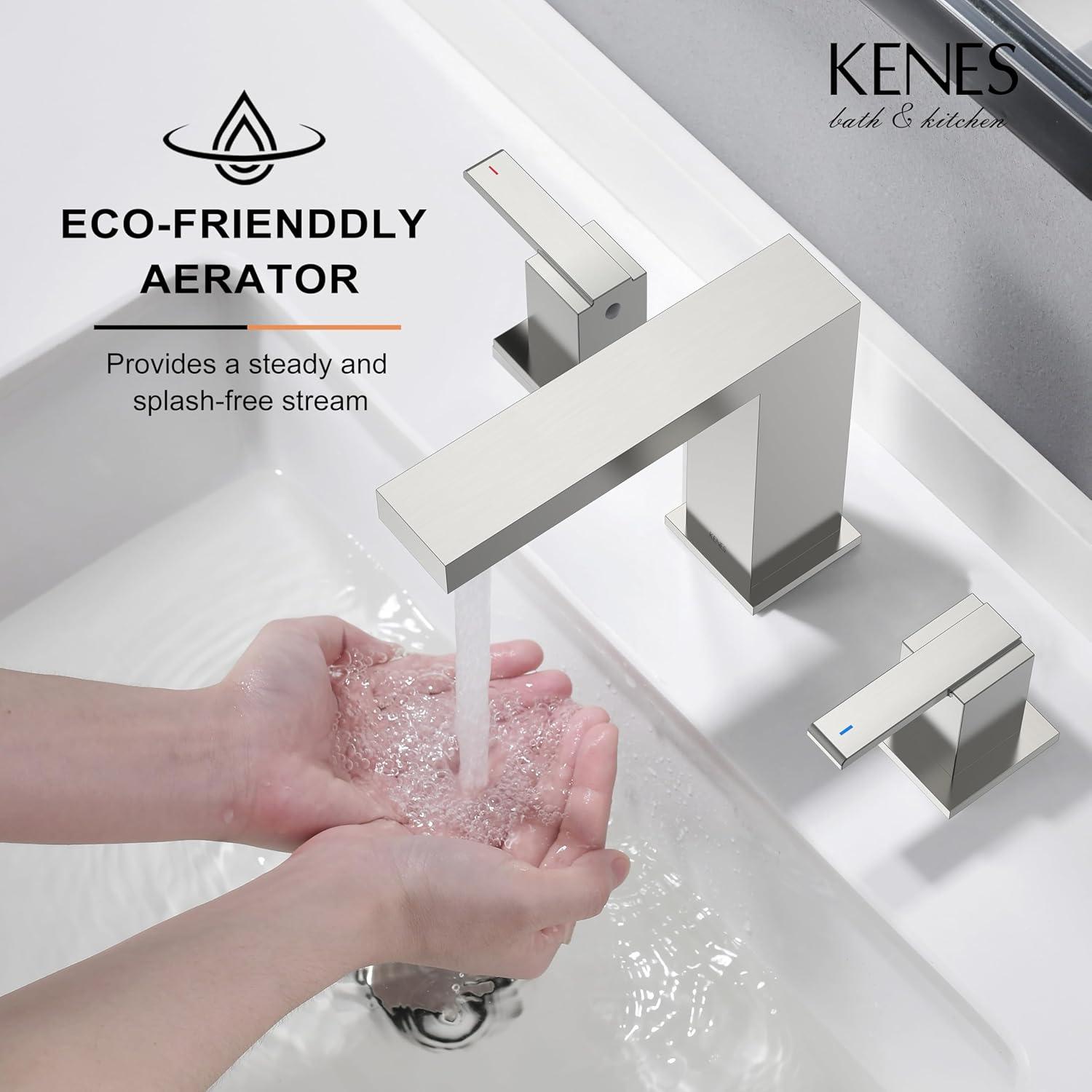KENES 2 Handle Widespread Bathroom Faucets Brushed Nickel, Bathroom Sink Faucet 3 Hole Vanity Faucet with Lead-Free Supply Hose, KE-9050