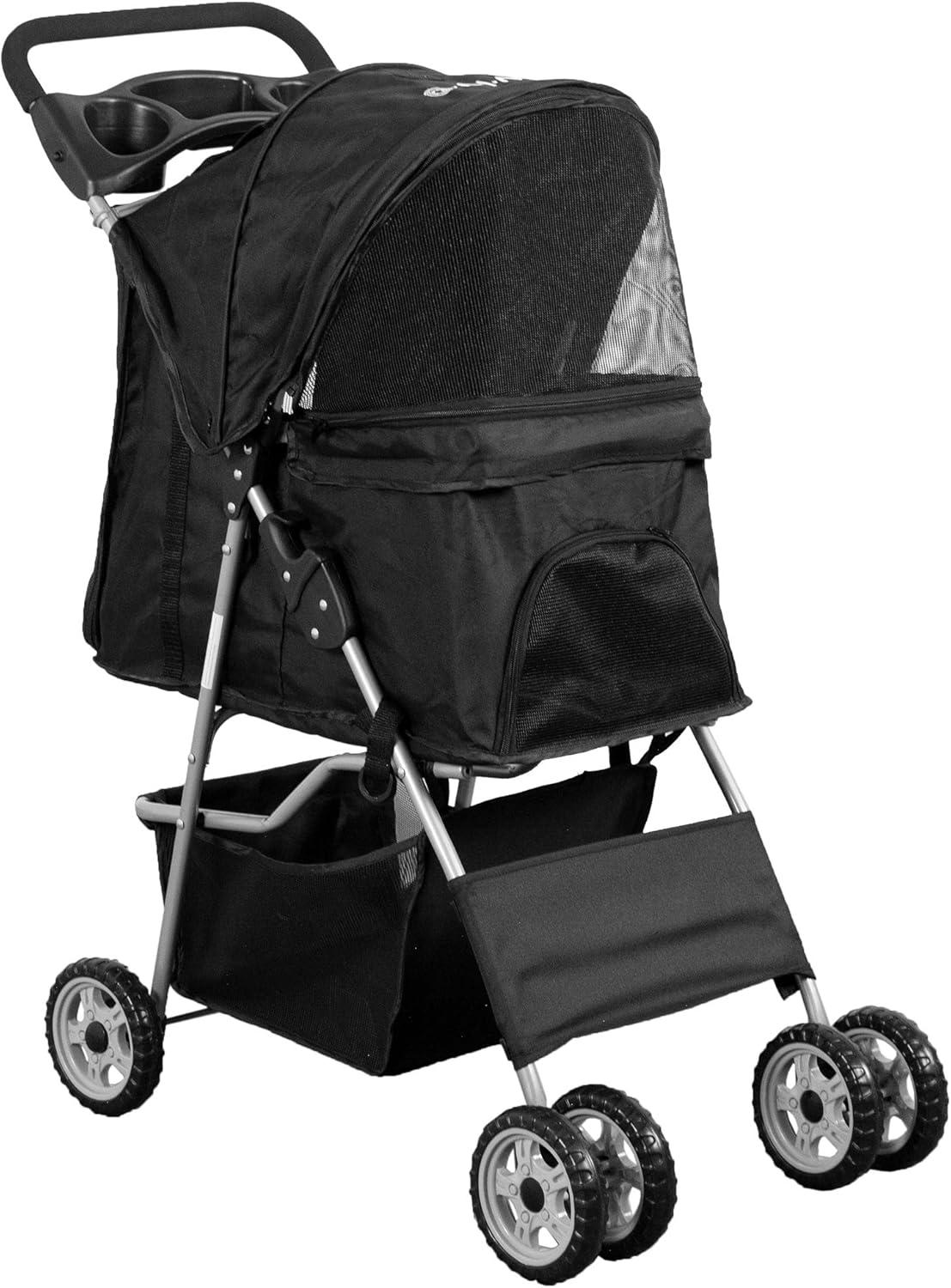 Black 4 Wheel Pet Stroller for Cat, Dog and More, Foldable Carrier Strolling Cart