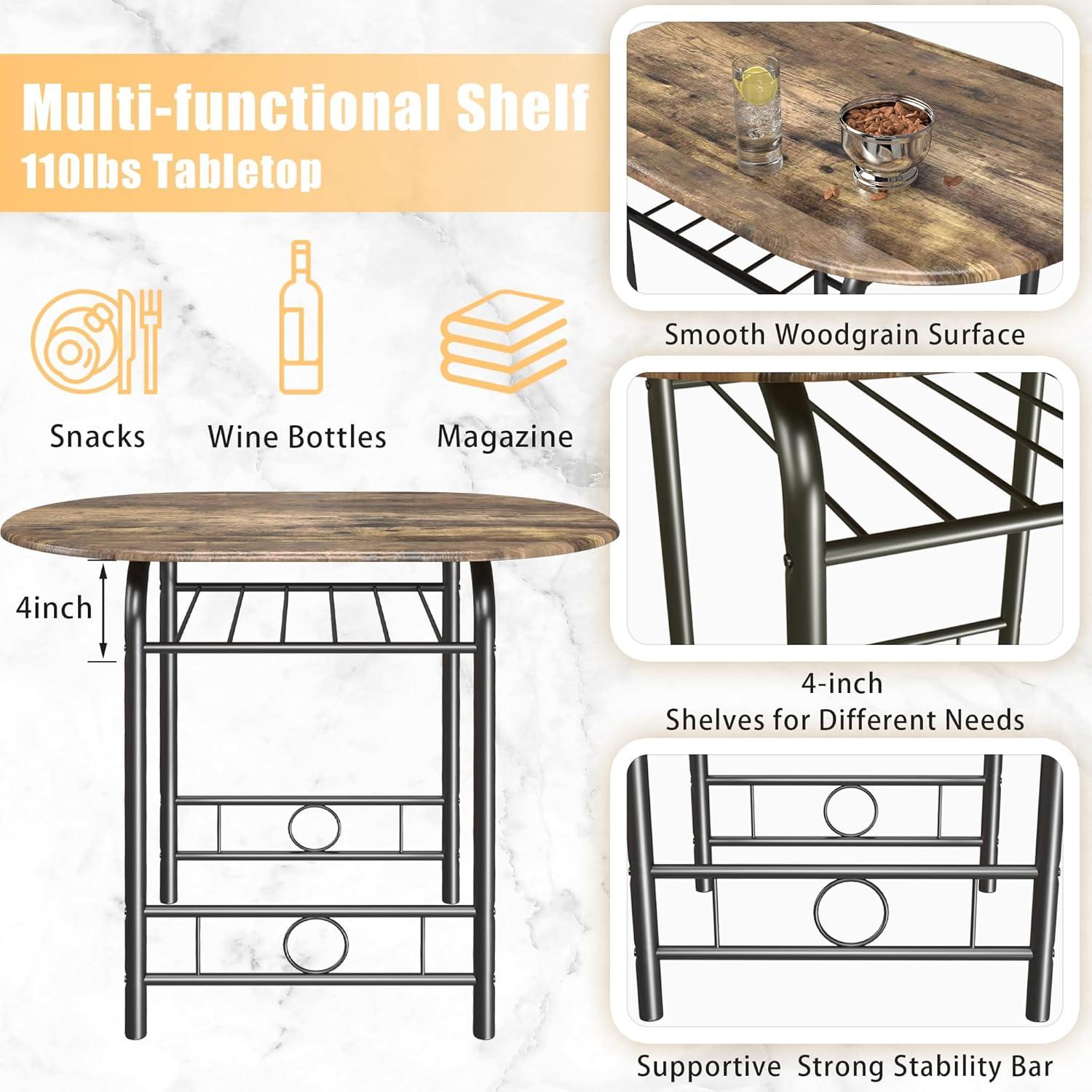 JUMMICO 3-Piece Wooden Round Table & Chair Set, Space Saving Kitchen Breakfast Nook Wood Grain Tabletop with Metal Frame and Built-in Wine Rack for Kitchen, Dining Room (White/Silver)