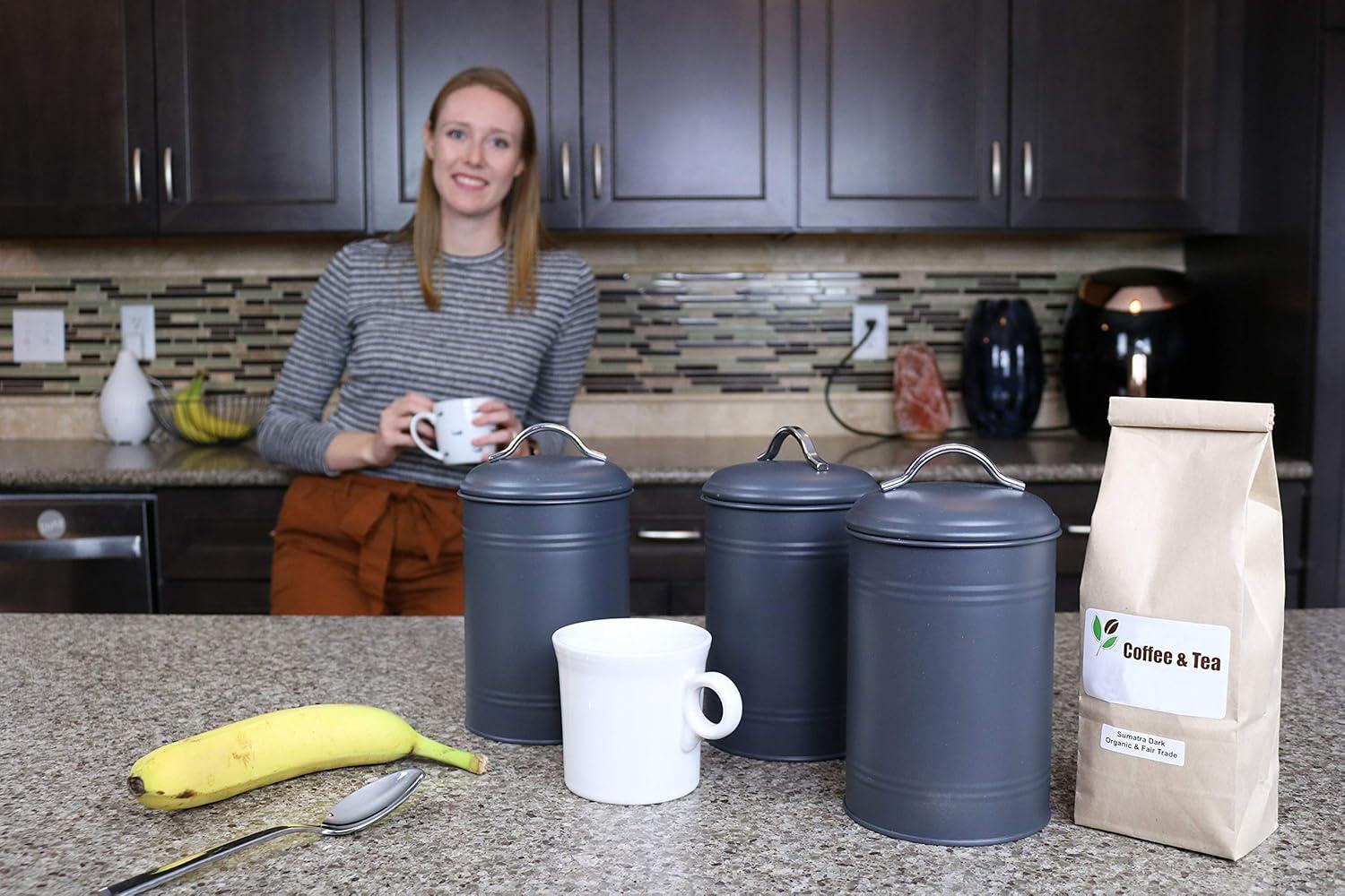 Kitchen Canisters, Set of 3 for Countertop Storage of Coffee, Food, Charcoal Grey Metal, All One-Size, Airtight Lids, Modern Farmhouse Industrial (8 Inches High with Lids, 4.5 Inches Diameter)