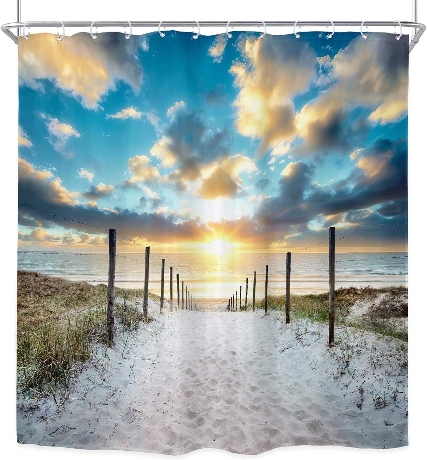 Riyidecor Ocean Beach Shower Curtain 72Wx72H Inch Beachy Coatsal Seaside Seashore Summer Tropical Sunset Nature Landscape Bathroom Decor Fabric Polyester Waterproof 12 Pack Hooks