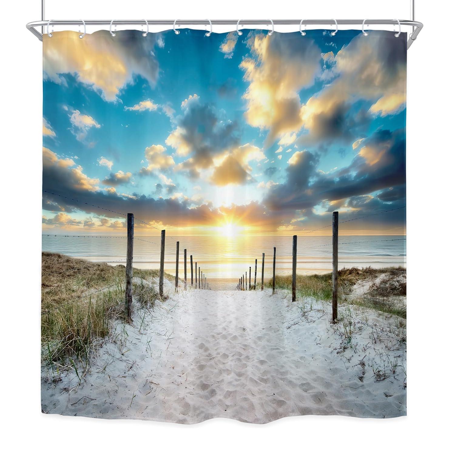 Riyidecor Ocean Beach Shower Curtain 72Wx72H Inch Beachy Coatsal Seaside Seashore Summer Tropical Sunset Nature Landscape Bathroom Decor Fabric Polyester Waterproof 12 Pack Hooks