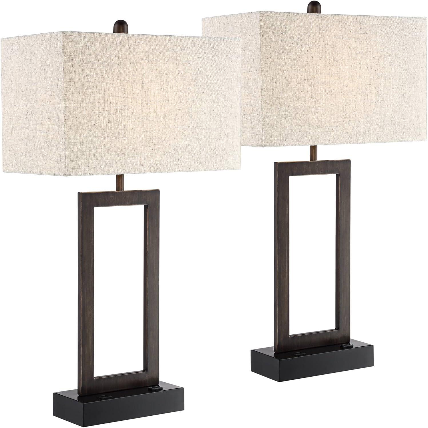 360 Lighting Todd Modern Table Lamps 30" Tall Set of 2 Bronze with USB and AC Power Outlet in Base Oatmeal Shade for Bedroom Living Room Bedside Desk