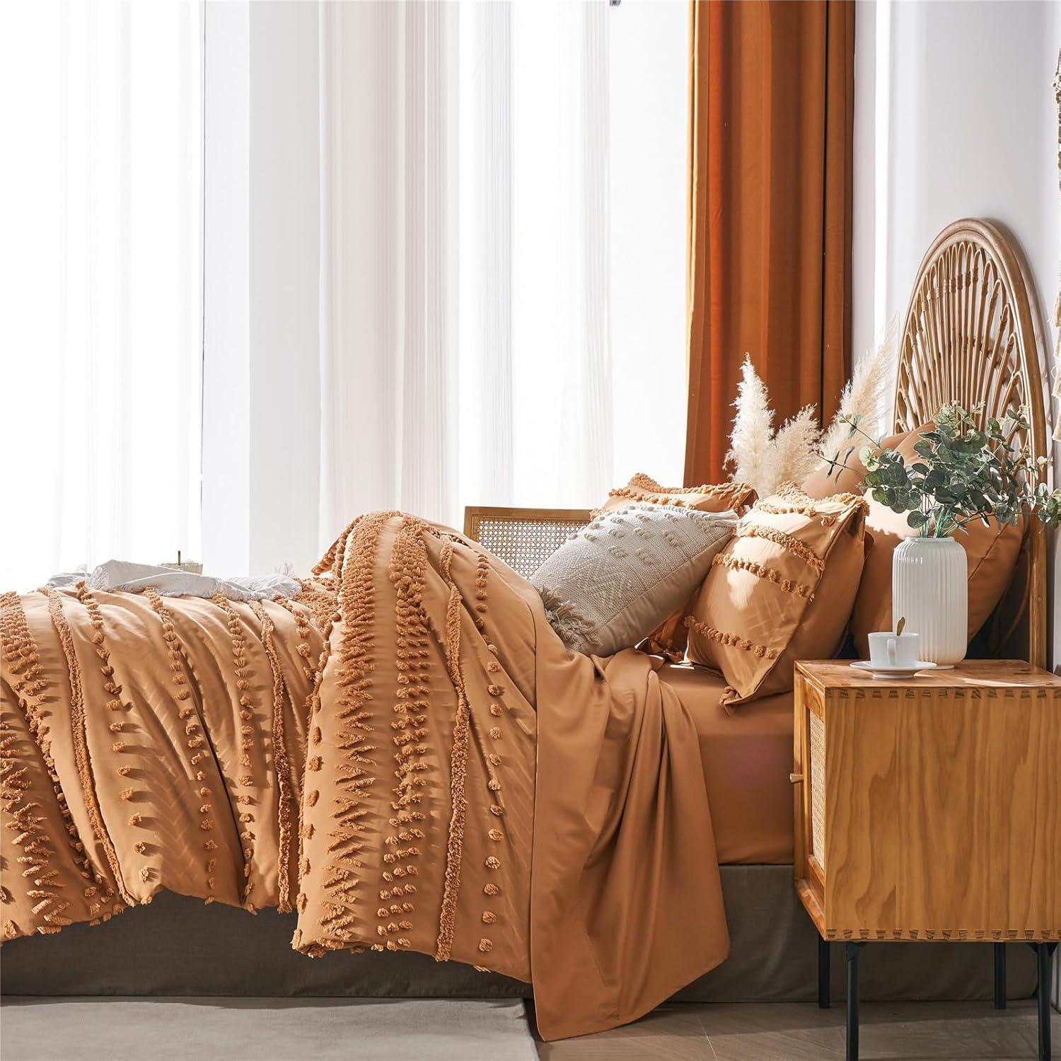 7 Pieces Queen Comforter Set, Pumpkin Tufted Boho Shabby Chic Bed in a Bag Comforter and Sheet Set, All Season Soft Microfiber Complete Bedding Set (Pumpkin, Queen)