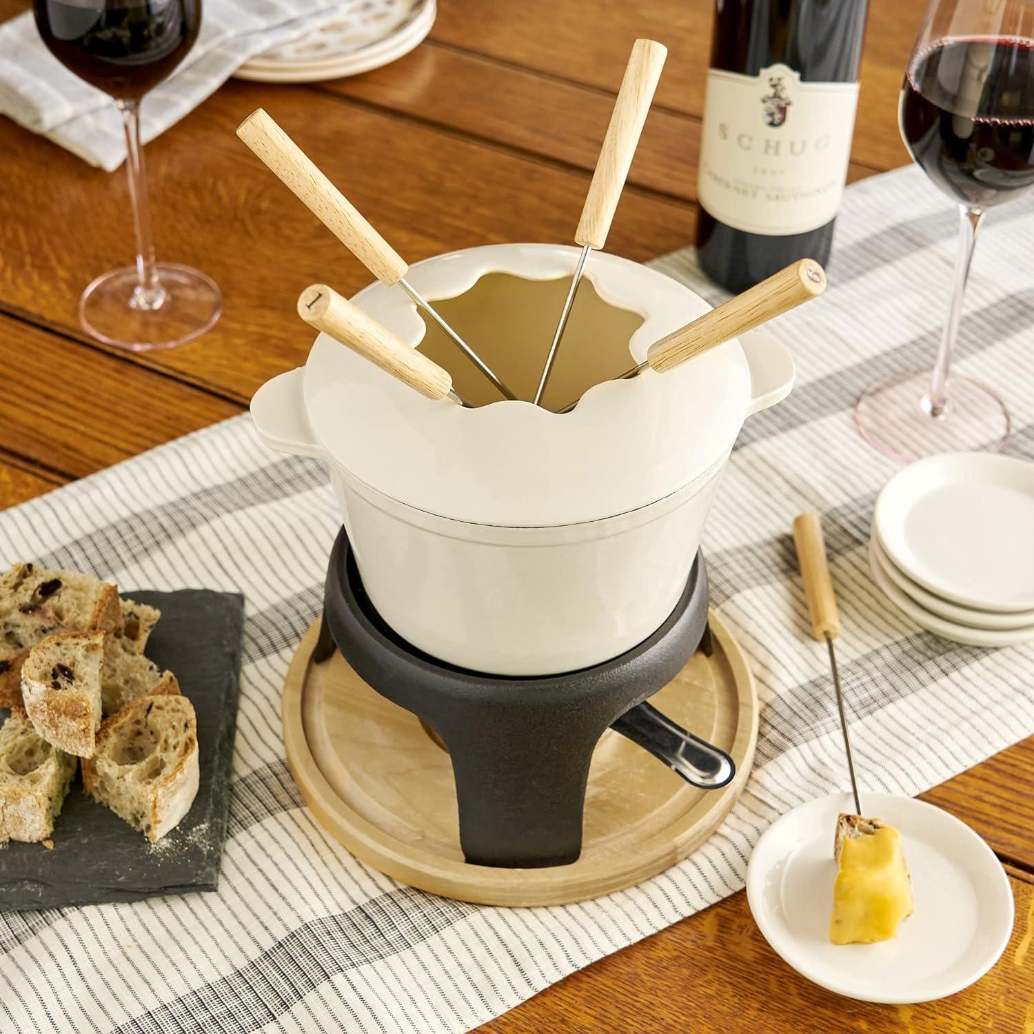 Off-White Cast Iron Fondue Set with Wood Base