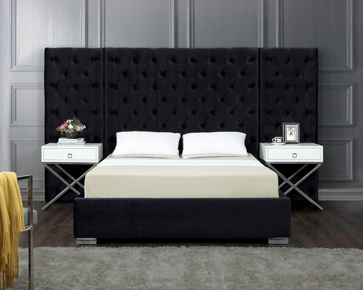 Meridian Furniture Grande Queen Velvet Platform Bed with Chrome Legs & Full Slats, Black Velvet