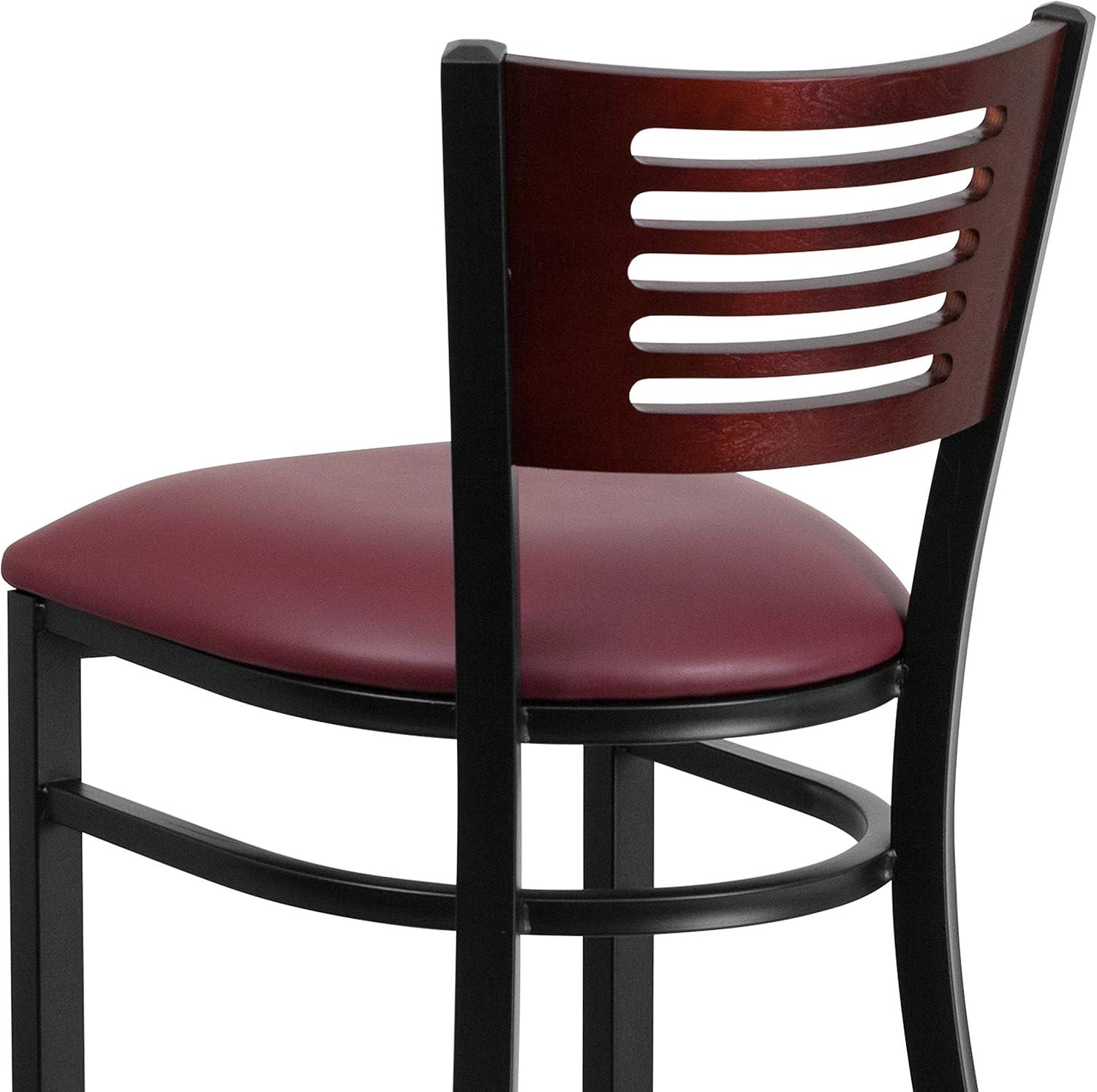 Flash Furniture HERCULES Series Black Slat Back Metal Restaurant Barstool - Mahogany Wood Back, Burgundy Vinyl Seat