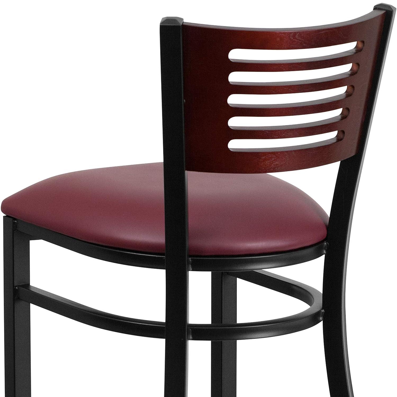 Flash Furniture HERCULES Series Black Slat Back Metal Restaurant Barstool - Mahogany Wood Back, Burgundy Vinyl Seat