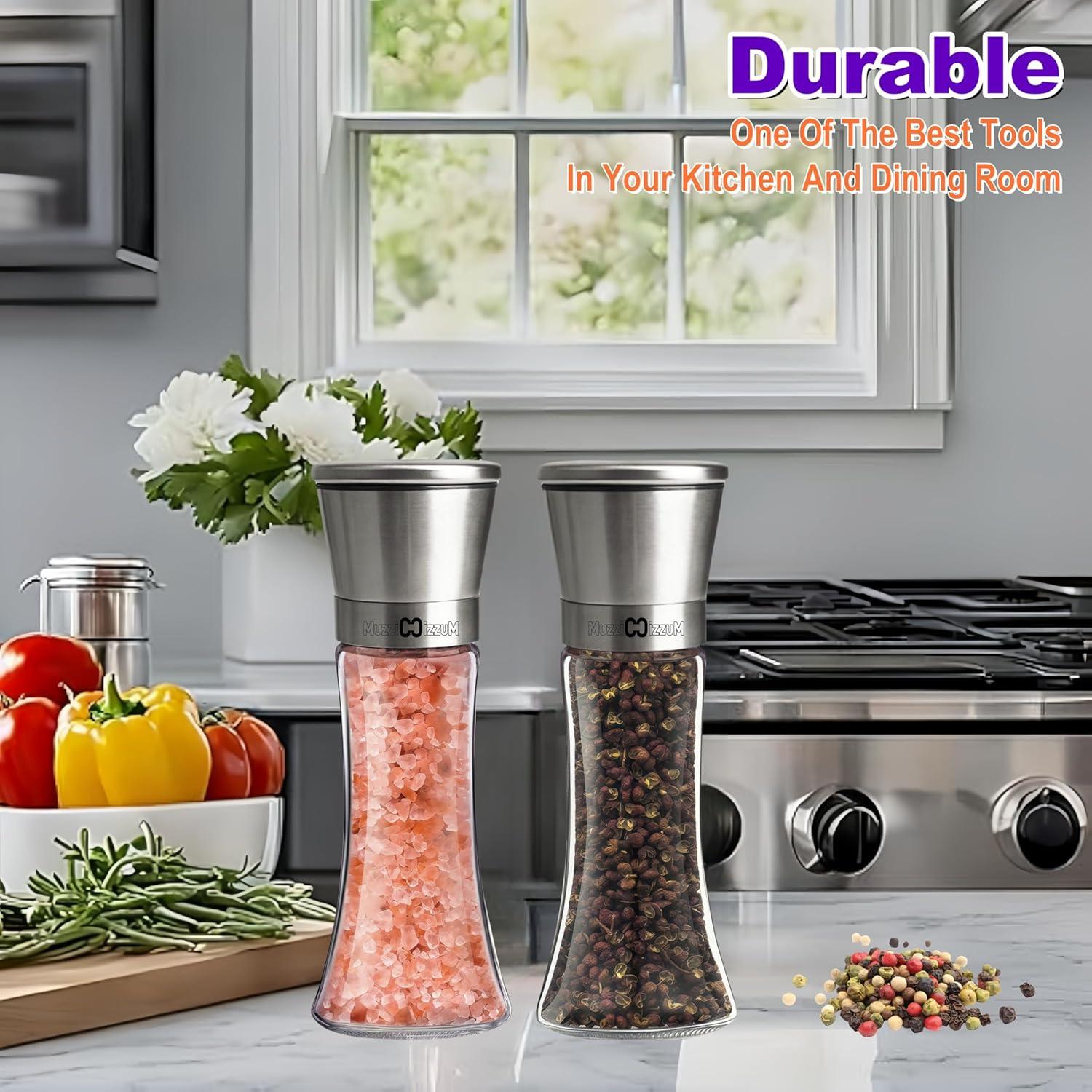 Textiles Hub Premium Salt And Pepper Grinder Set Of 2 - Two Refillable Stainless Steel Sea Salt & Spice Shakers With Adjustable Coarse Mills - Easy Clean Grinders Funnel & Cleaning Brush